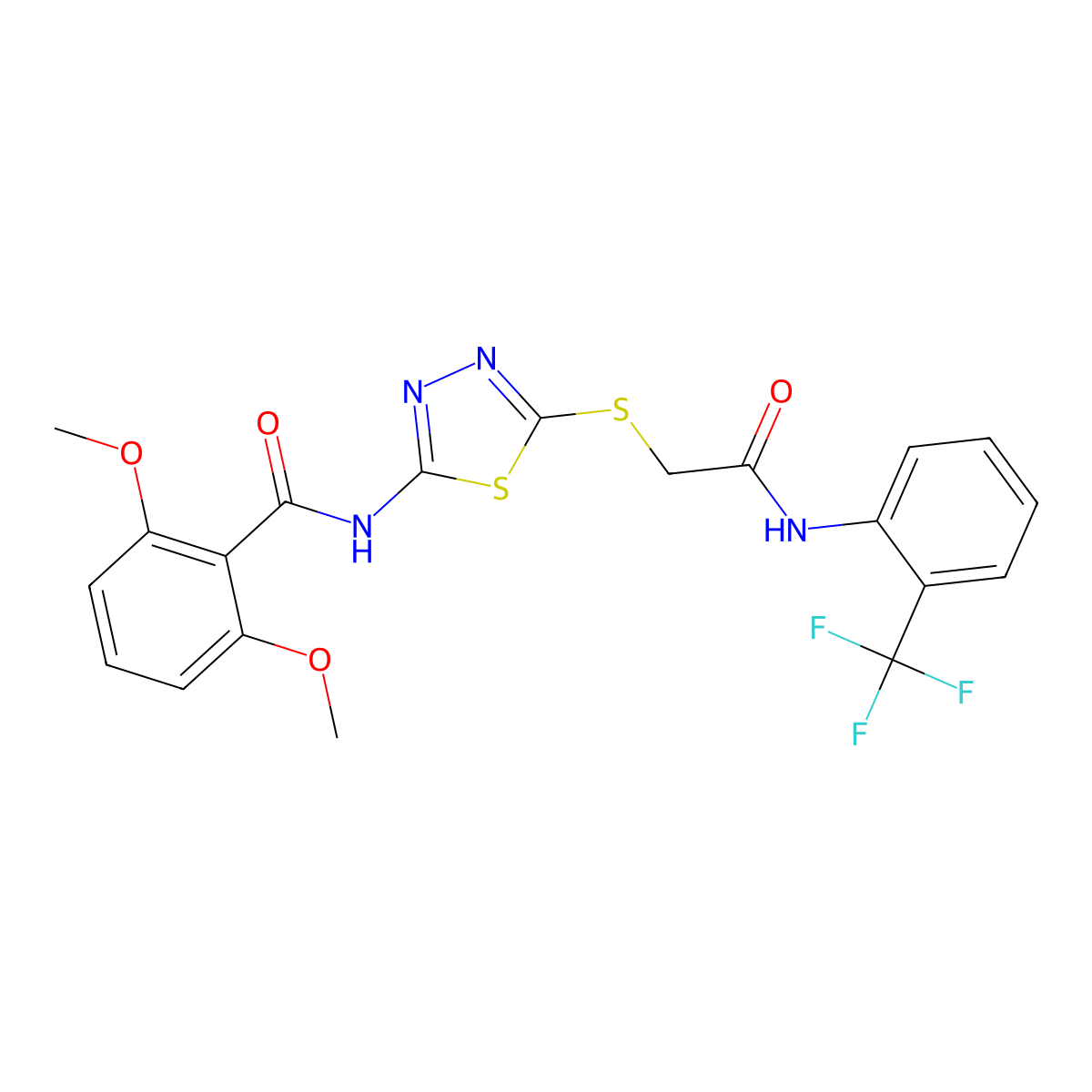 2,6-dimethoxy-N-(5-((2-oxo-2-((2-(trifluoromethyl)phenyl)amino)ethyl)thio)-1,3,4-thiadiazol-2-yl)benzamide molecular structure, CAS 391869-72-0