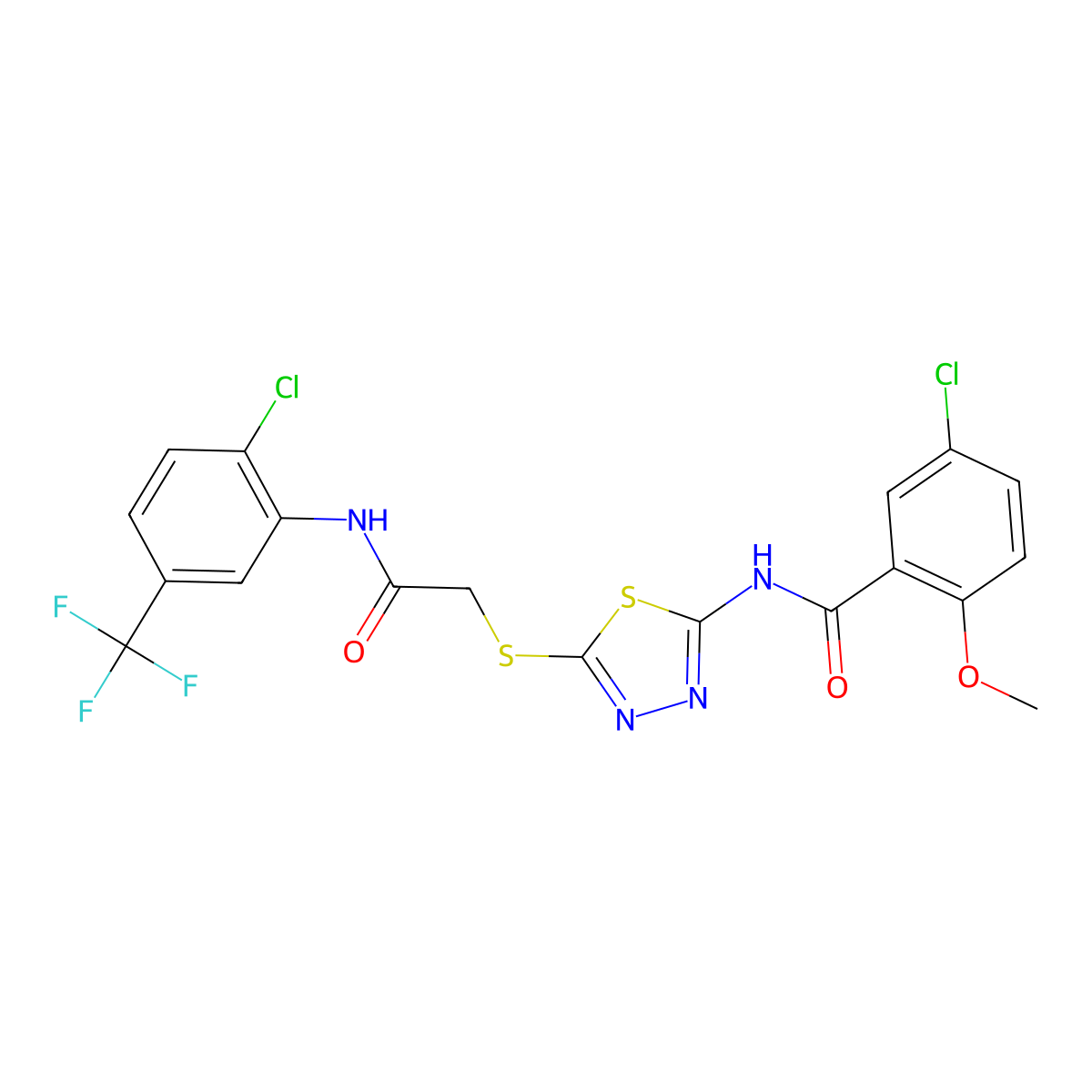 5-chloro-N-[5-[2-[2-chloro-5-(trifluoromethyl)anilino]-2-oxoethyl]sulfanyl-1,3,4-thiadiazol-2-yl]-2-methoxybenzamide molecular structure, CAS 391869-74-2