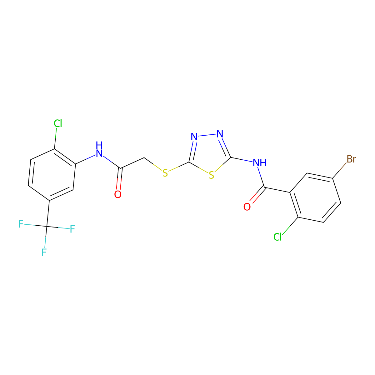 5-bromo-2-chloro-N-(5-((2-((2-chloro-5-(trifluoromethyl)phenyl)amino)-2-oxoethyl)thio)-1,3,4-thiadiazol-2-yl)benzamide molecular structure, CAS 391869-81-1