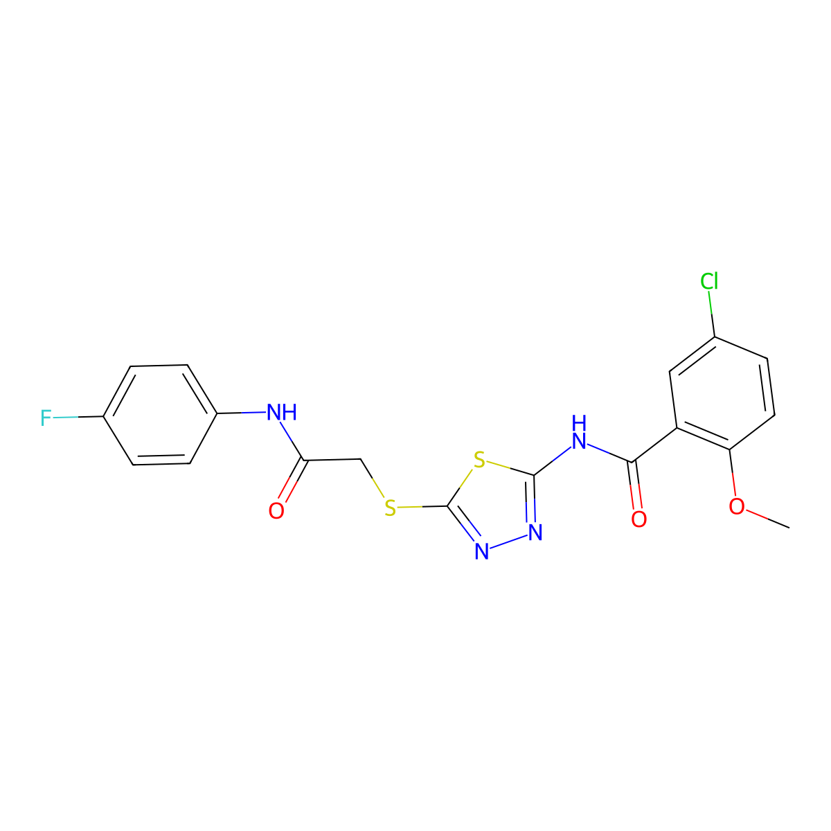 5-chloro-N-[5-[2-(4-fluoroanilino)-2-oxoethyl]sulfanyl-1,3,4-thiadiazol-2-yl]-2-methoxybenzamide molecular structure, CAS 391869-84-4