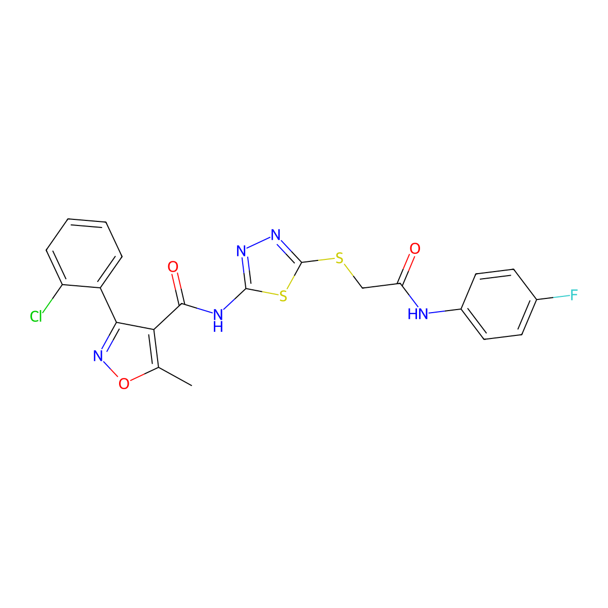 3-(2-chlorophenyl)-N-(5-((2-((4-fluorophenyl)amino)-2-oxoethyl)thio)-1,3,4-thiadiazol-2-yl)-5-methylisoxazole-4-carboxamide molecular structure, CAS 391869-86-6