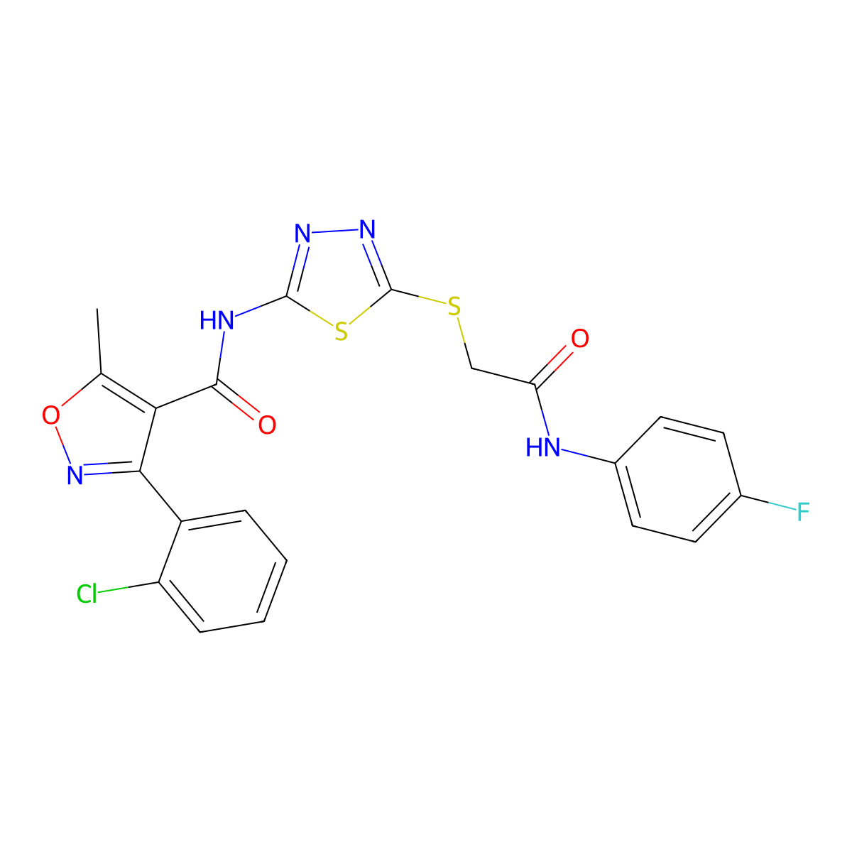 3-(2-chlorophenyl)-N-(5-((2-((4-fluorophenyl)amino)-2-oxoethyl)thio)-1,3,4-thiadiazol-2-yl)-5-methylisoxazole-4-carboxamide molecular structure, CAS 391869-86-6