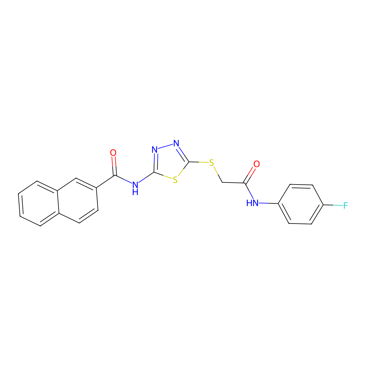 N-(5-((2-((4-fluorophenyl)amino)-2-oxoethyl)thio)-1,3,4-thiadiazol-2-yl)-2-naphthamide molecular structure, CAS 391869-87-7