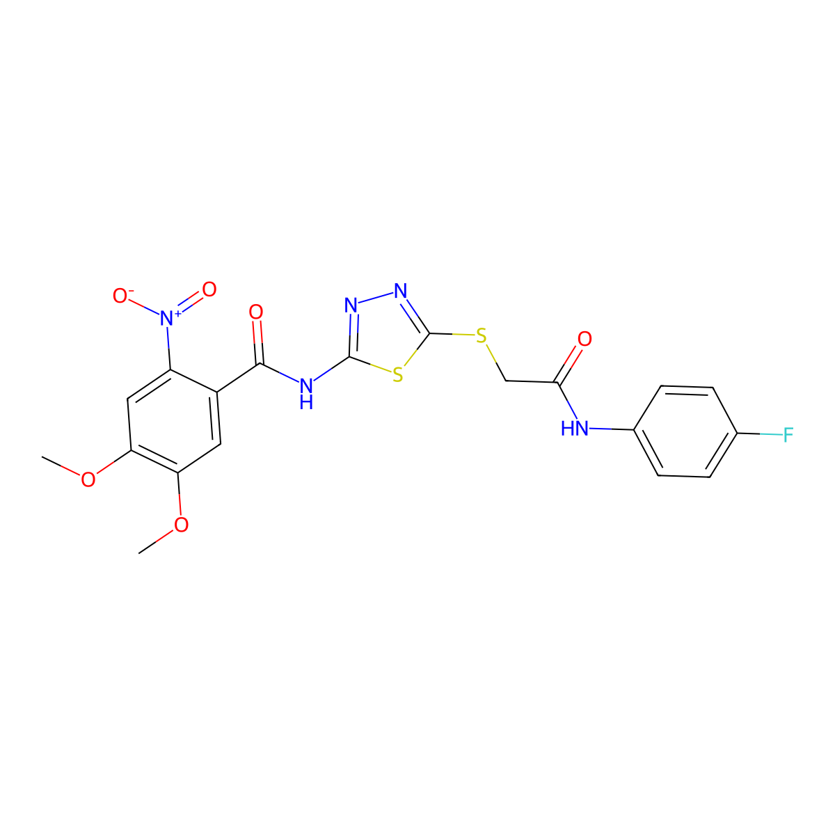 N-(5-((2-((4-fluorophenyl)amino)-2-oxoethyl)thio)-1,3,4-thiadiazol-2-yl)-4,5-dimethoxy-2-nitrobenzamide molecular structure, CAS 391869-89-9