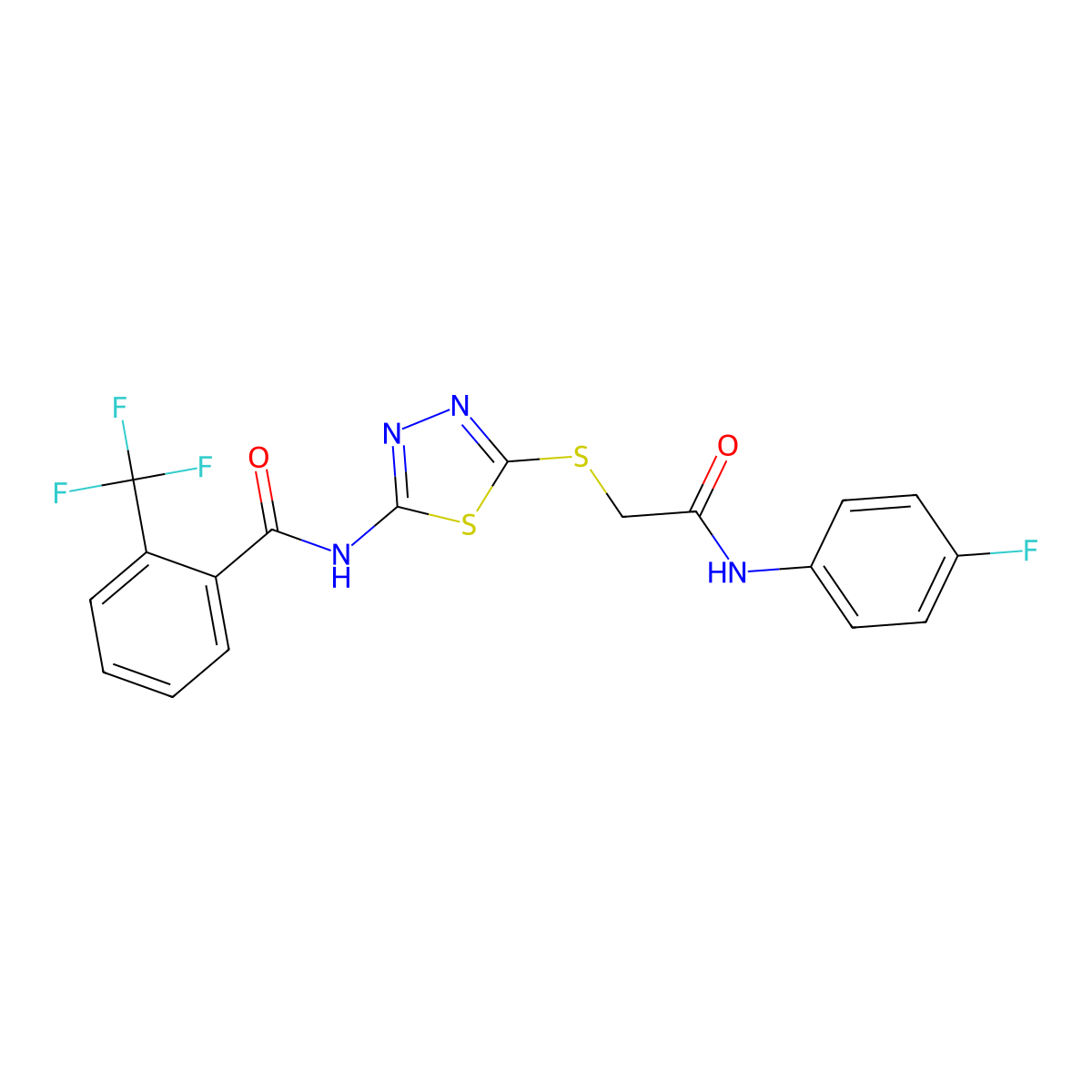 N-(5-((2-((4-fluorophenyl)amino)-2-oxoethyl)thio)-1,3,4-thiadiazol-2-yl)-2-(trifluoromethyl)benzamide molecular structure, CAS 391874-47-8