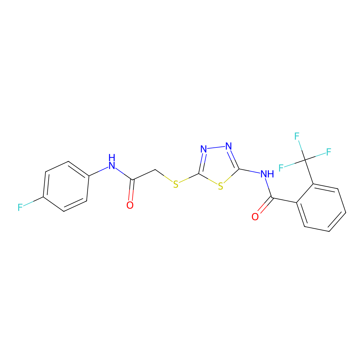 N-(5-((2-((4-fluorophenyl)amino)-2-oxoethyl)thio)-1,3,4-thiadiazol-2-yl)-2-(trifluoromethyl)benzamide molecular structure, CAS 391874-47-8