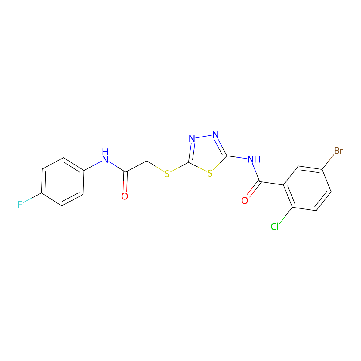 5-bromo-2-chloro-N-(5-((2-((4-fluorophenyl)amino)-2-oxoethyl)thio)-1,3,4-thiadiazol-2-yl)benzamide molecular structure, CAS 391874-48-9
