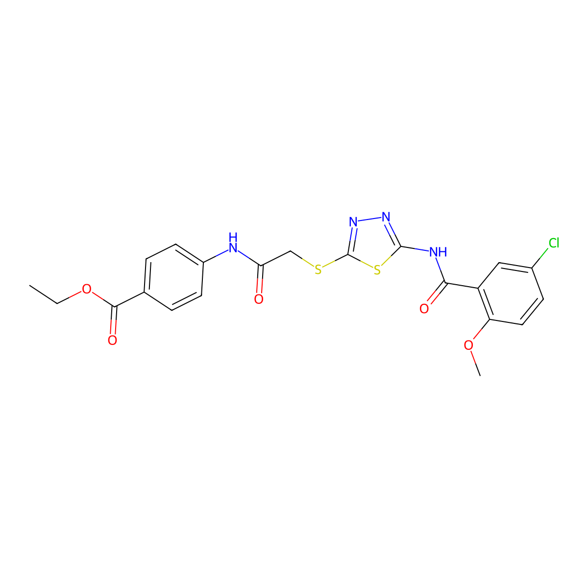 Ethyl 4-(2-((5-(5-chloro-2-methoxybenzamido)-1,3,4-thiadiazol-2-yl)thio)acetamido)benzoate molecular structure, CAS 391874-52-5