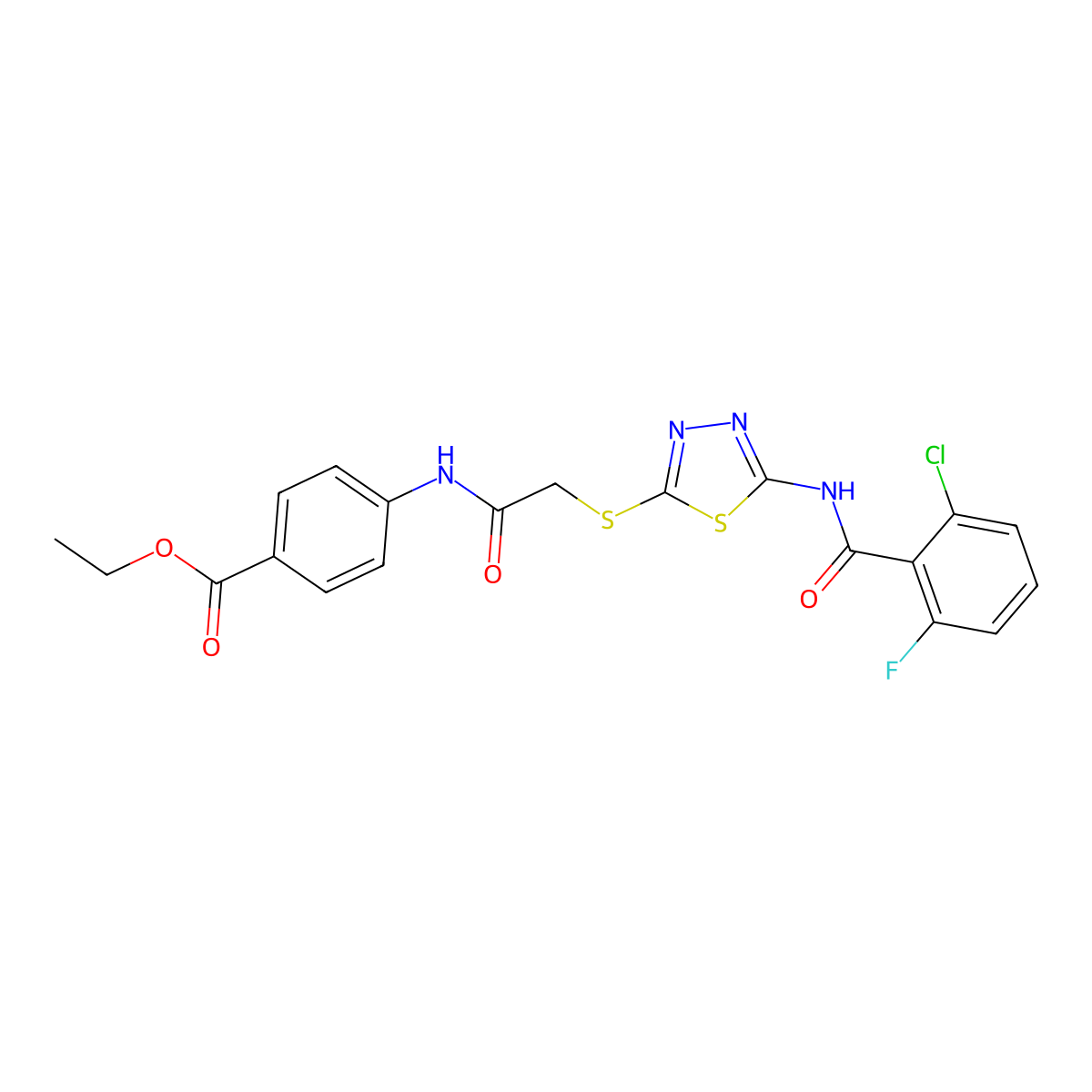 Ethyl 4-(2-((5-(2-chloro-6-fluorobenzamido)-1,3,4-thiadiazol-2-yl)thio)acetamido)benzoate molecular structure, CAS 391874-53-6