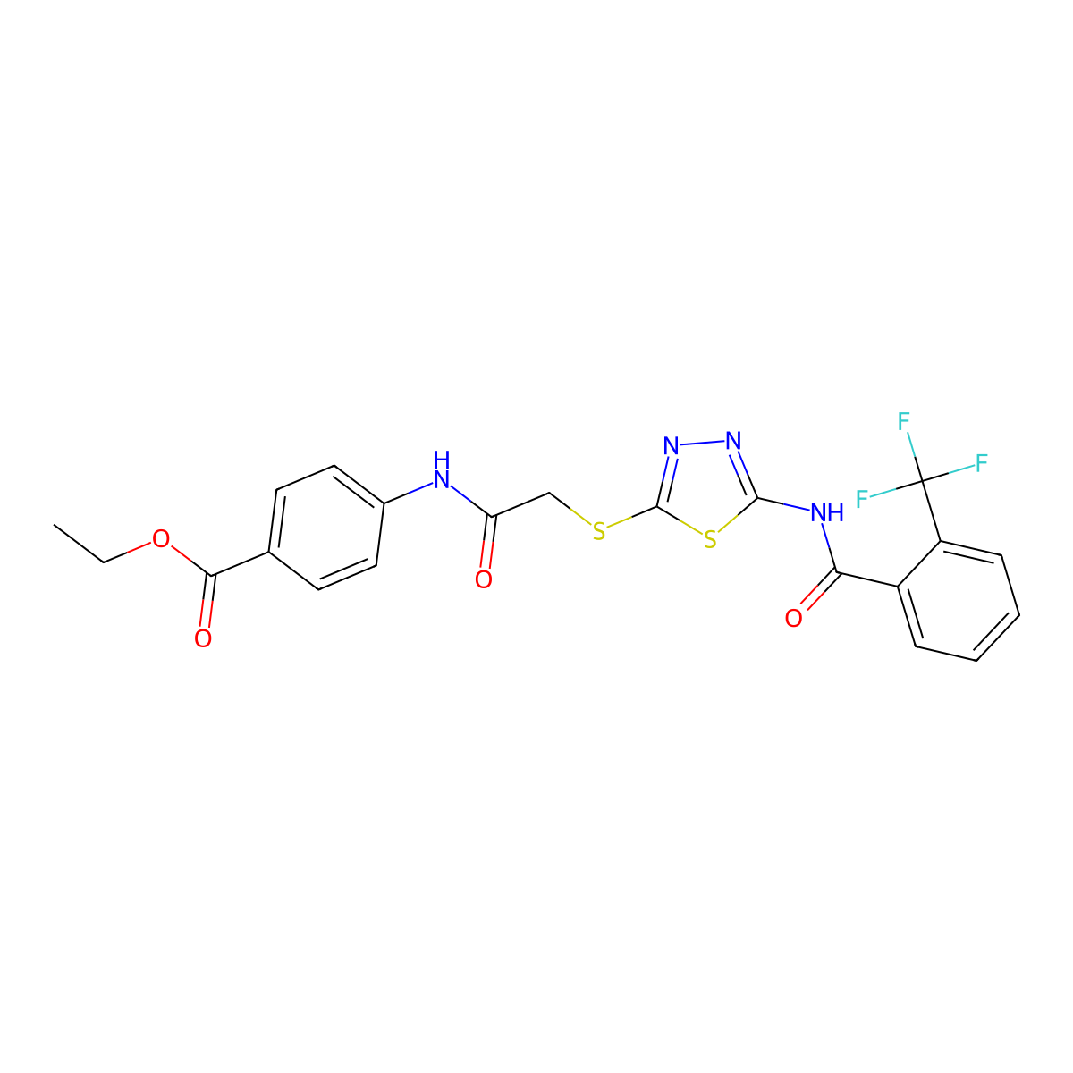 Ethyl 4-(2-((5-(2-(trifluoromethyl)benzamido)-1,3,4-thiadiazol-2-yl)thio)acetamido)benzoate molecular structure, CAS 391874-59-2