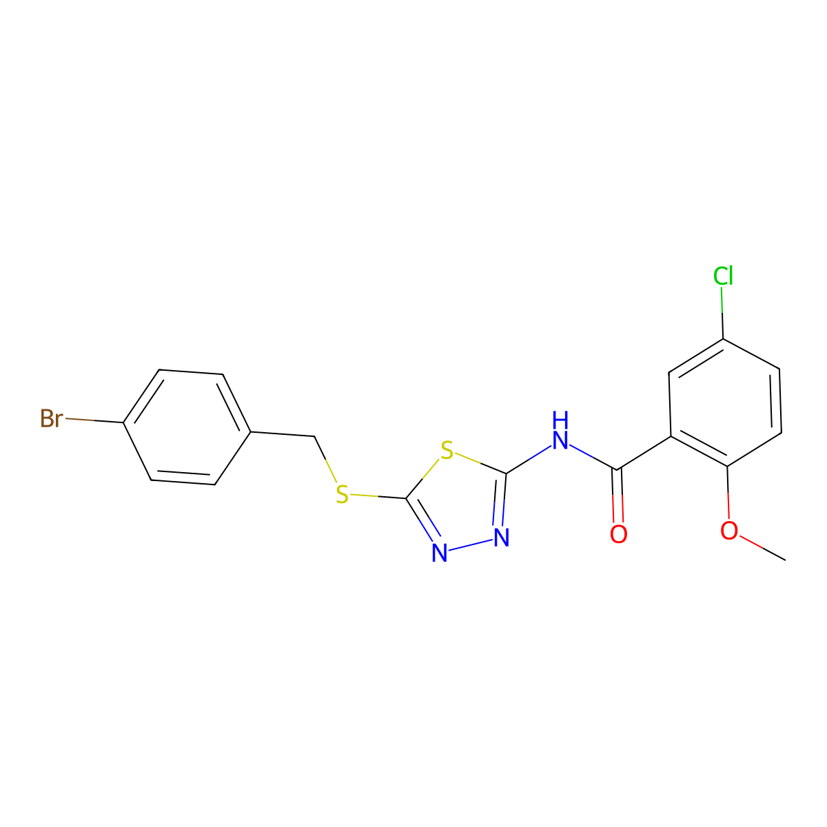 N-(5-((4-bromobenzyl)thio)-1,3,4-thiadiazol-2-yl)-5-chloro-2-methoxybenzamide molecular structure, CAS 391874-60-5
