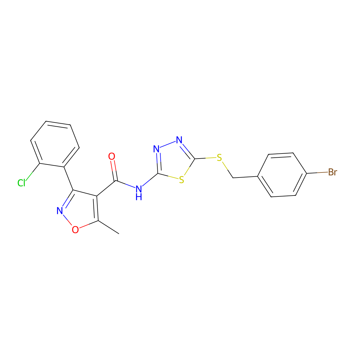 N-(5-((4-bromobenzyl)thio)-1,3,4-thiadiazol-2-yl)-3-(2-chlorophenyl)-5-methylisoxazole-4-carboxamide molecular structure, CAS 391874-62-7