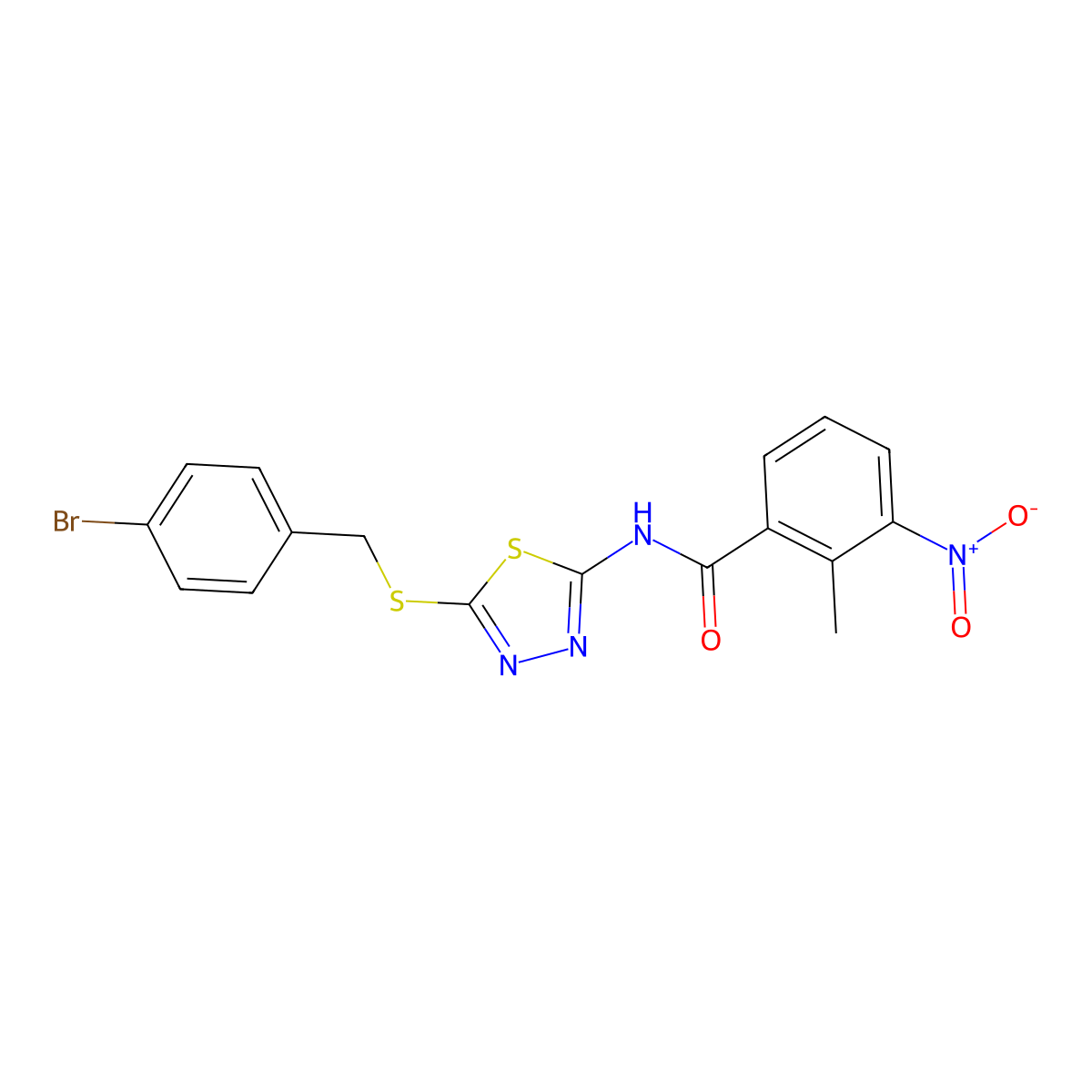 N-(5-((4-bromobenzyl)thio)-1,3,4-thiadiazol-2-yl)-2-methyl-3-nitrobenzamide molecular structure, CAS 391874-65-0