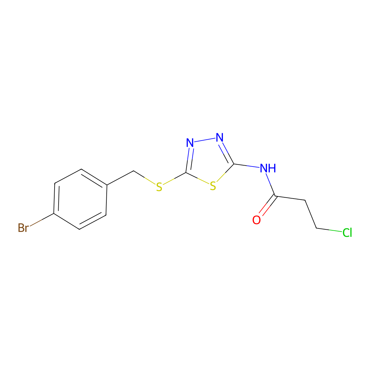 N-(5-((4-bromobenzyl)thio)-1,3,4-thiadiazol-2-yl)-3-chloropropanamide molecular structure, CAS 391874-70-7