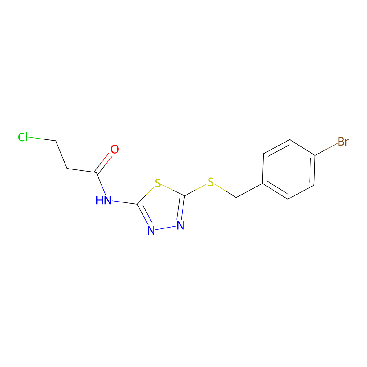 N-(5-((4-bromobenzyl)thio)-1,3,4-thiadiazol-2-yl)-3-chloropropanamide molecular structure, CAS 391874-70-7
