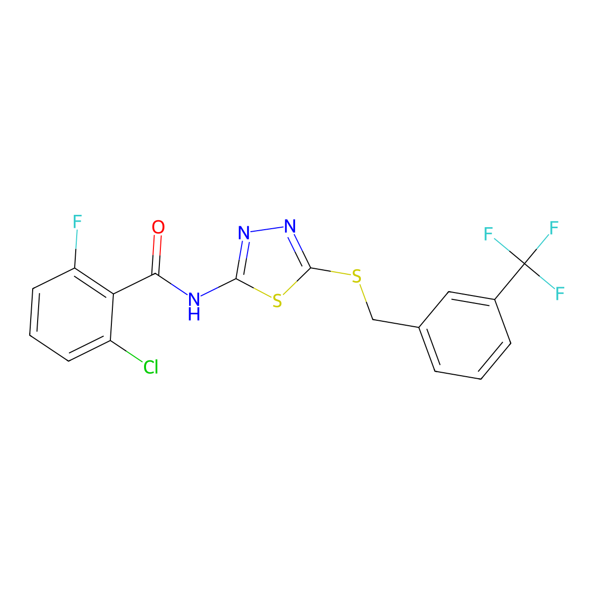 2-chloro-6-fluoro-N-(5-((3-(trifluoromethyl)benzyl)thio)-1,3,4-thiadiazol-2-yl)benzamide molecular structure, CAS 391874-71-8