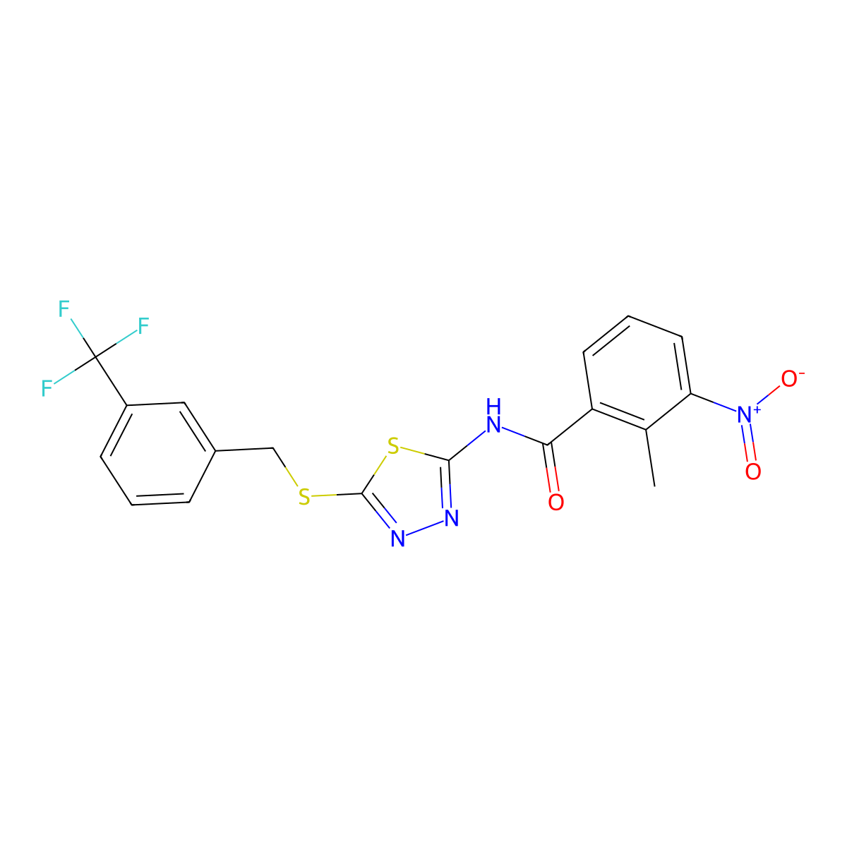 2-methyl-3-nitro-N-(5-((3-(trifluoromethyl)benzyl)thio)-1,3,4-thiadiazol-2-yl)benzamide molecular structure, CAS 391874-75-2