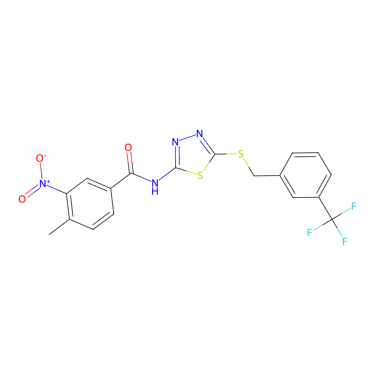 4-methyl-3-nitro-N-(5-((3-(trifluoromethyl)benzyl)thio)-1,3,4-thiadiazol-2-yl)benzamide molecular structure, CAS 391874-76-3