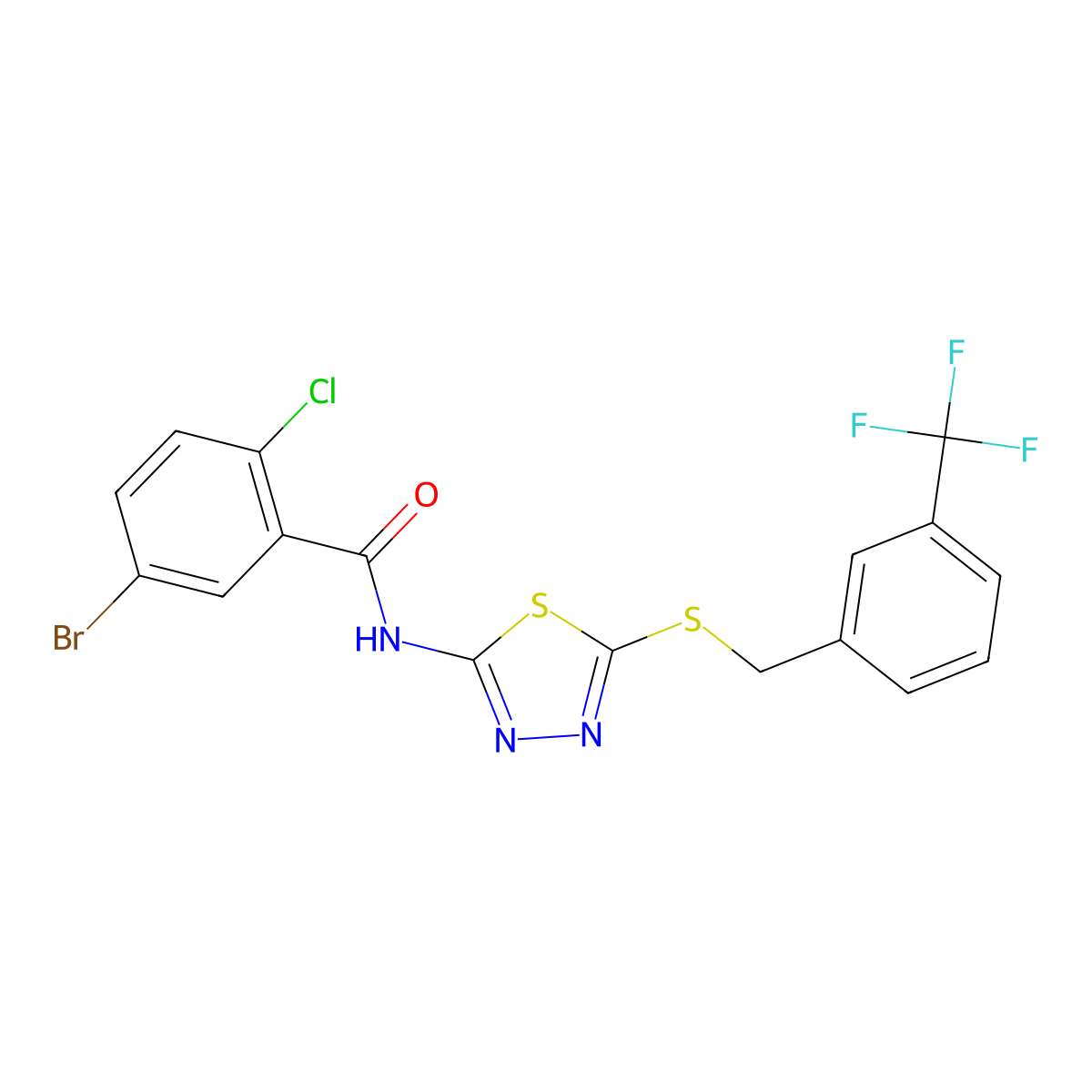 5-bromo-2-chloro-N-(5-((3-(trifluoromethyl)benzyl)thio)-1,3,4-thiadiazol-2-yl)benzamide molecular structure, CAS 391874-78-5