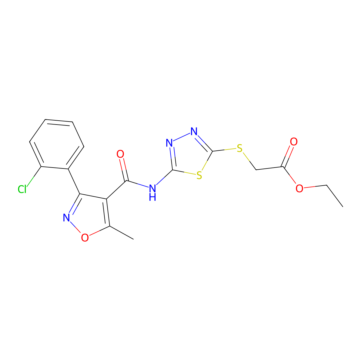 Ethyl 2-((5-(3-(2-chlorophenyl)-5-methylisoxazole-4-carboxamido)-1,3,4-thiadiazol-2-yl)thio)acetate molecular structure, CAS 391874-83-2