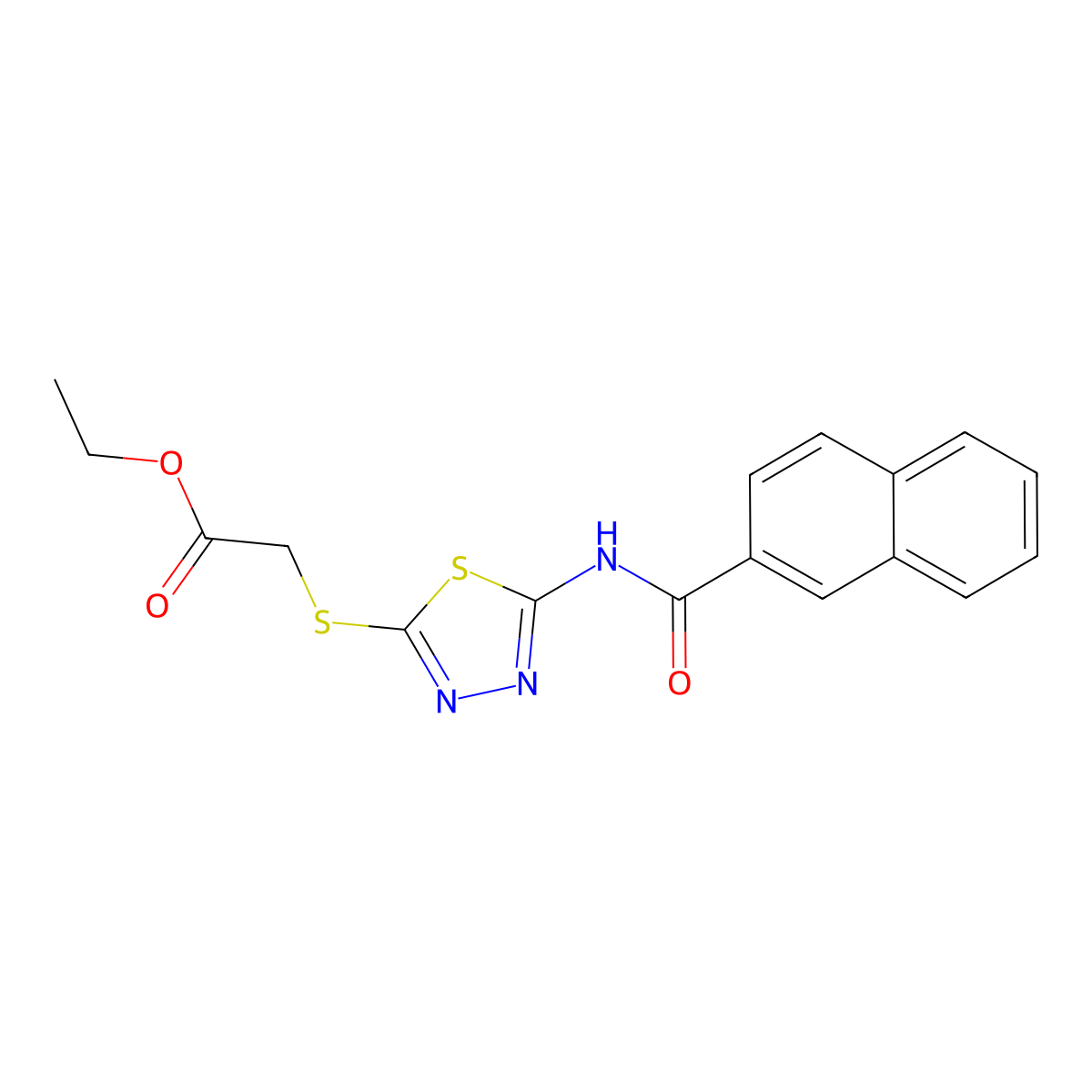 Ethyl 2-{[5-(naphthalene-2-amido)-1,3,4-thiadiazol-2-YL]sulfanyl}acetate molecular structure, CAS 391874-84-3