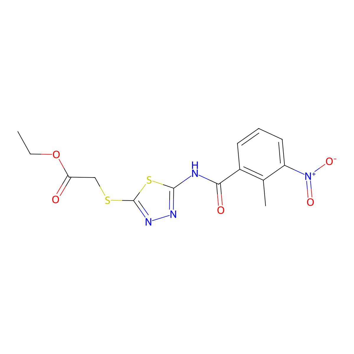 Ethyl 2-((5-(2-methyl-3-nitrobenzamido)-1,3,4-thiadiazol-2-yl)thio)acetate molecular structure, CAS 391874-86-5