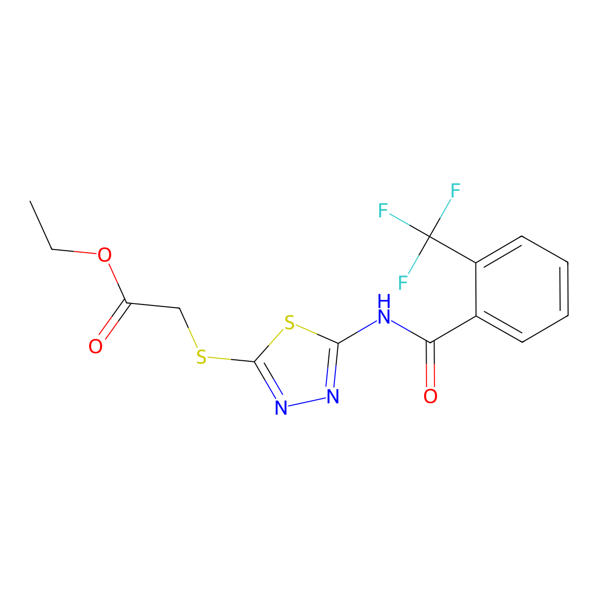 Ethyl 2-((5-(2-(trifluoromethyl)benzamido)-1,3,4-thiadiazol-2-yl)thio)acetate molecular structure, CAS 391874-88-7