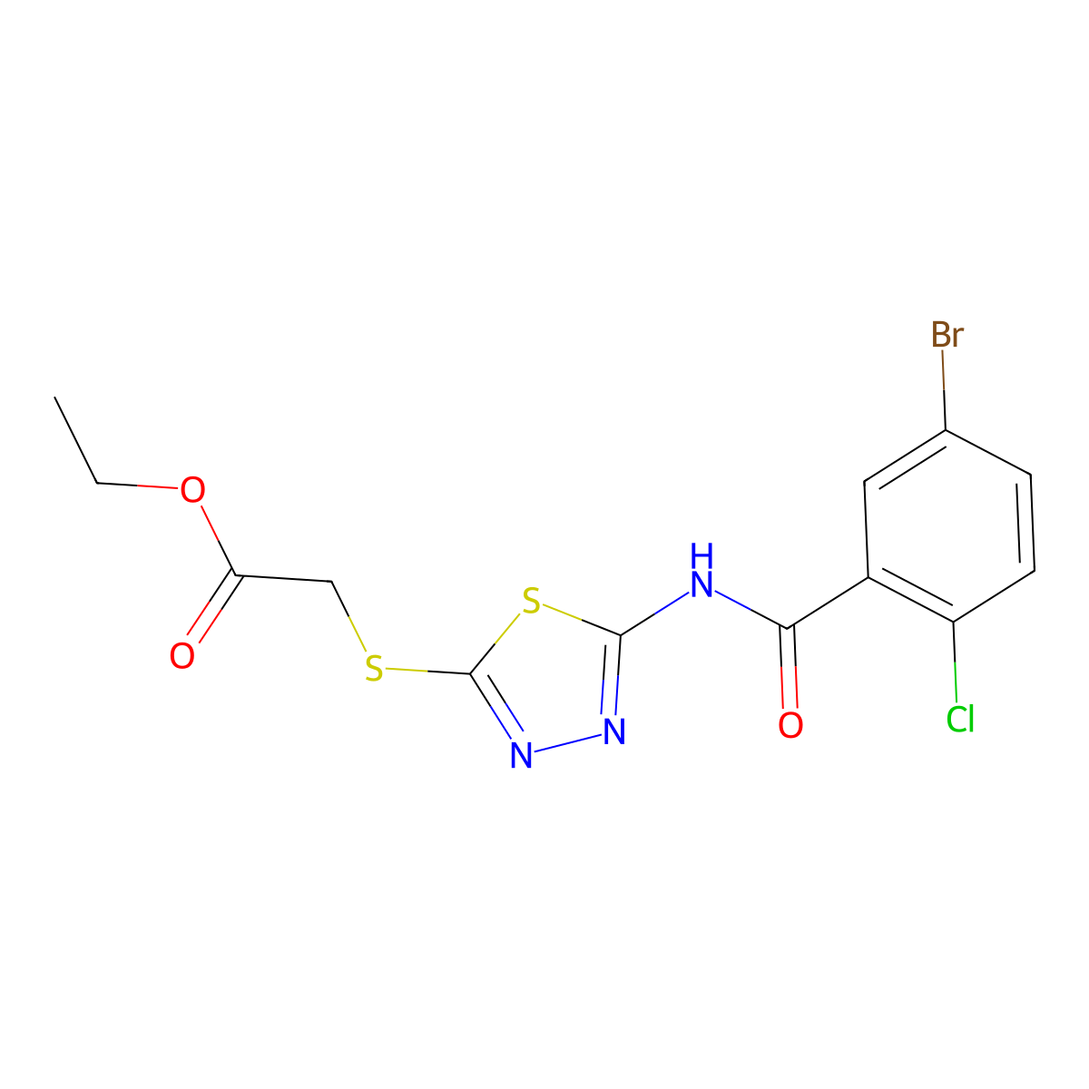 Ethyl 2-((5-(5-bromo-2-chlorobenzamido)-1,3,4-thiadiazol-2-yl)thio)acetate molecular structure, CAS 391874-89-8