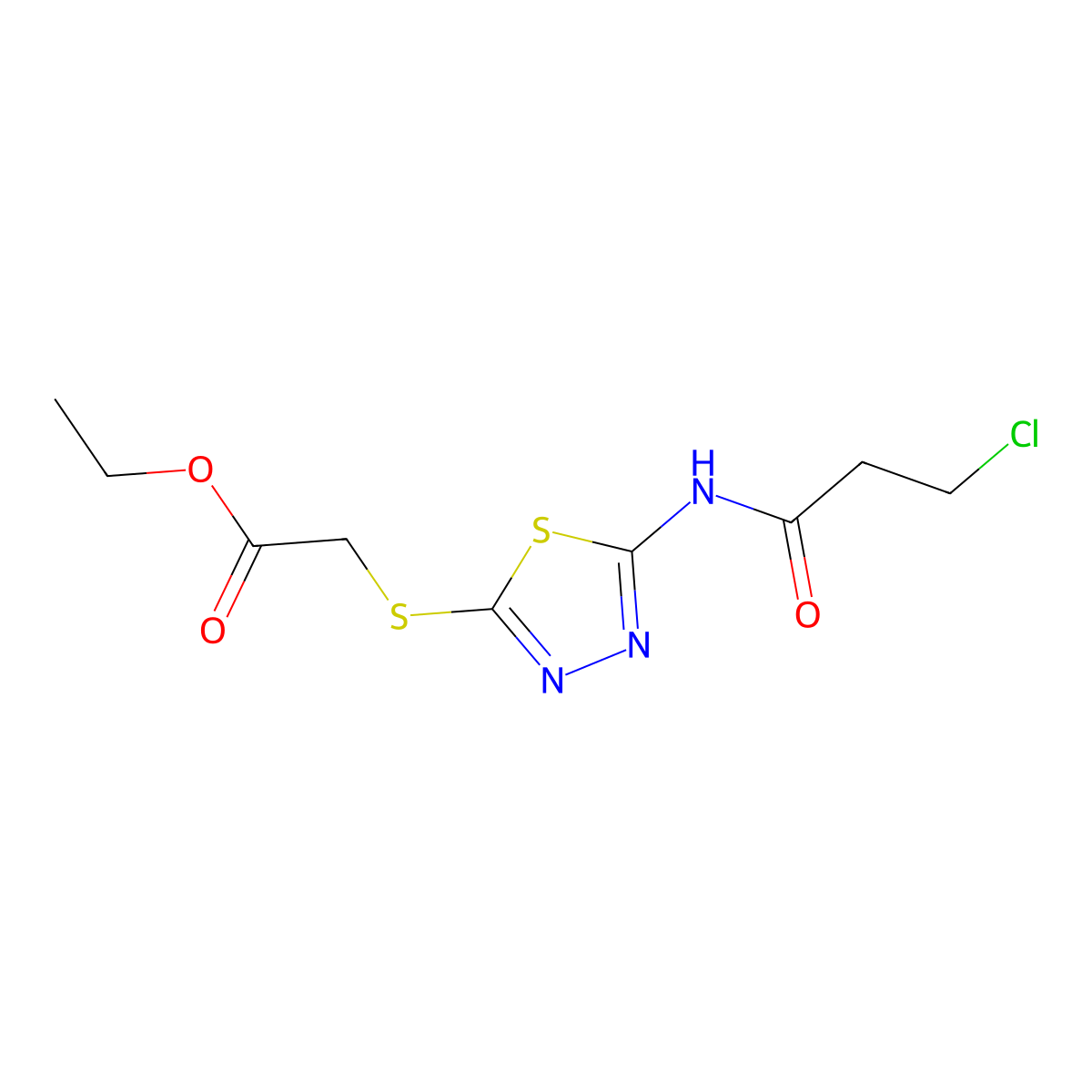 Ethyl 2-((5-(3-chloropropanamido)-1,3,4-thiadiazol-2-yl)thio)acetate molecular structure, CAS 391874-90-1