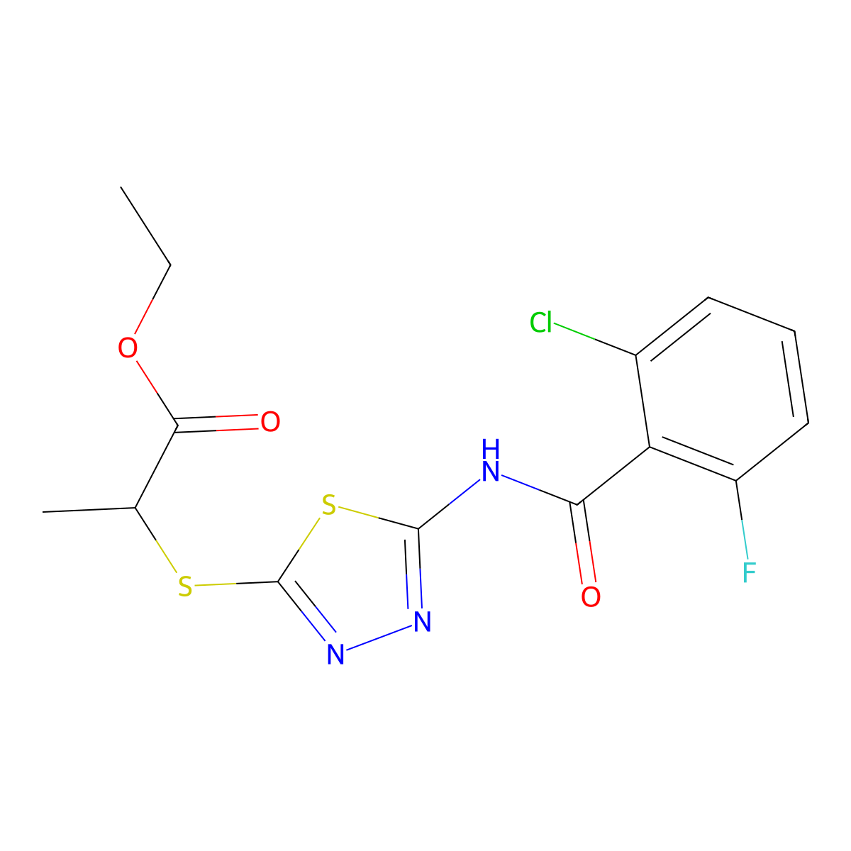 Ethyl 2-((5-(2-chloro-6-fluorobenzamido)-1,3,4-thiadiazol-2-yl)thio)propanoate molecular structure, CAS 391874-91-2