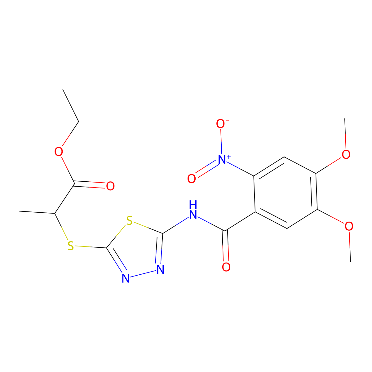 Ethyl 2-((5-(4,5-dimethoxy-2-nitrobenzamido)-1,3,4-thiadiazol-2-yl)thio)propanoate molecular structure, CAS 391874-95-6