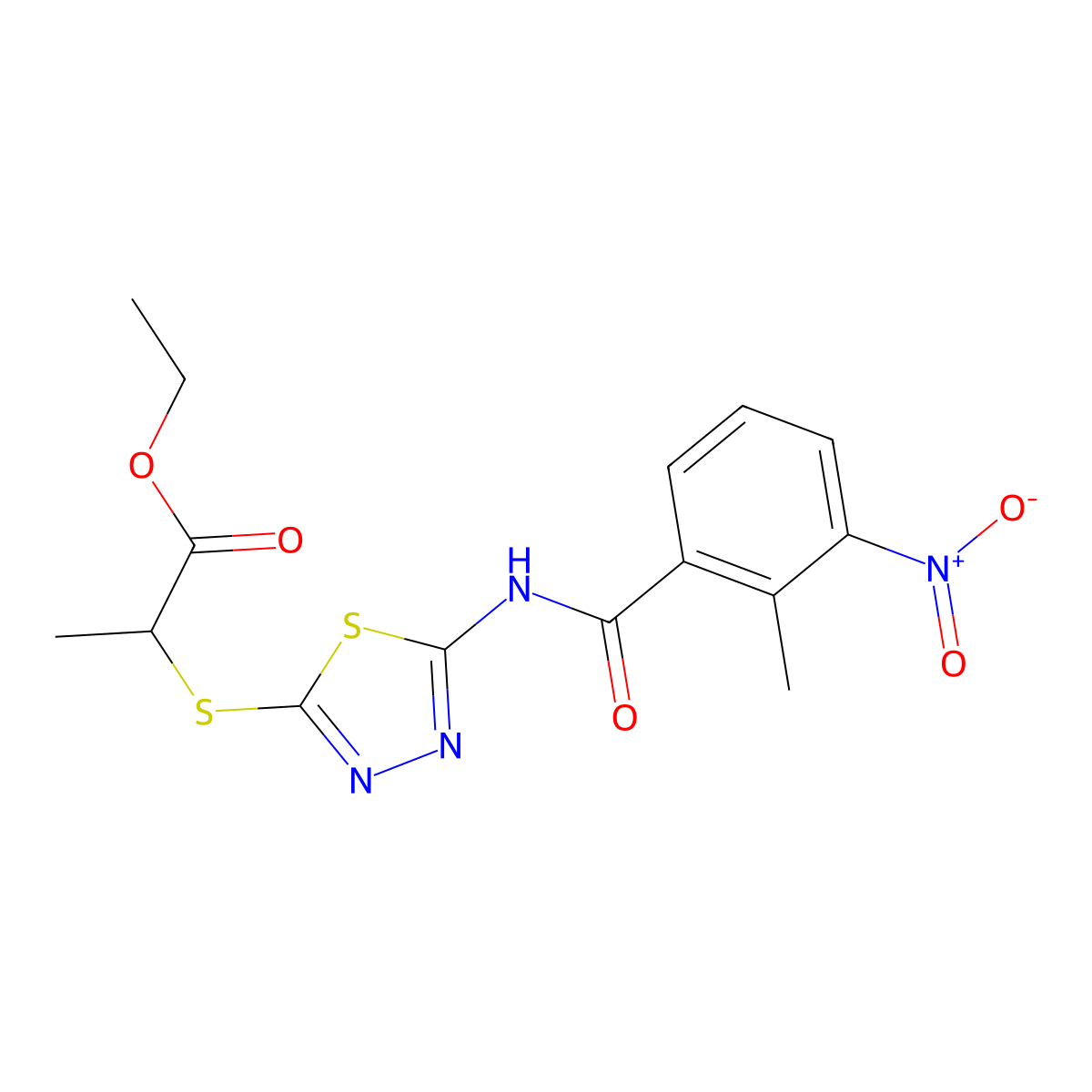 Ethyl 2-((5-(2-methyl-3-nitrobenzamido)-1,3,4-thiadiazol-2-yl)thio)propanoate molecular structure, CAS 391874-96-7
