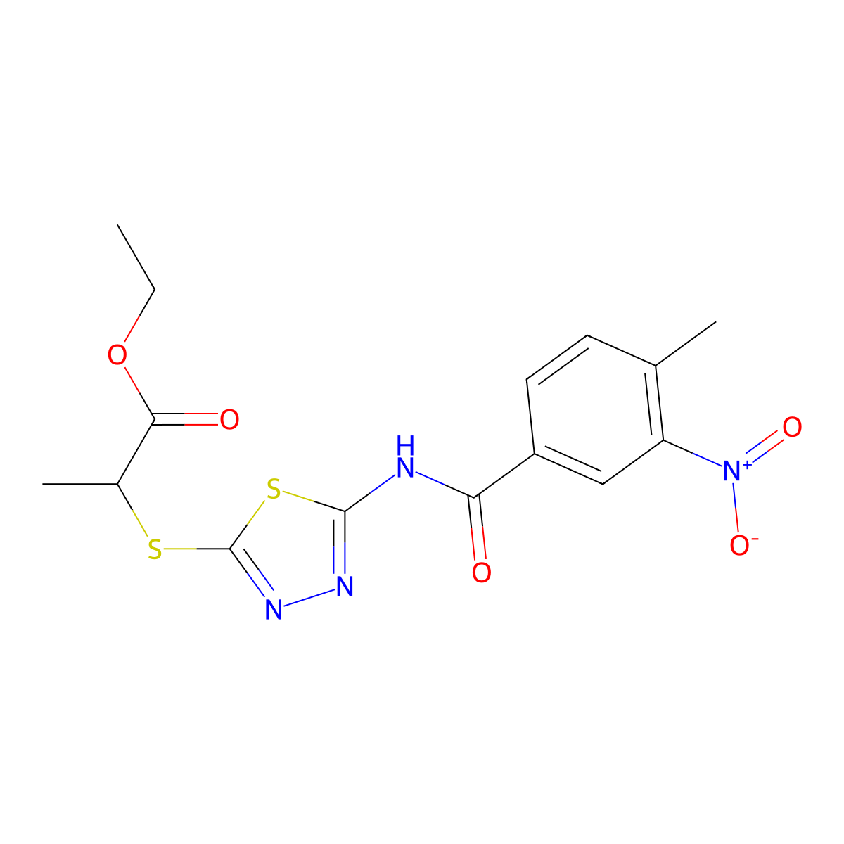 Ethyl 2-((5-(4-methyl-3-nitrobenzamido)-1,3,4-thiadiazol-2-yl)thio)propanoate molecular structure, CAS 391874-97-8