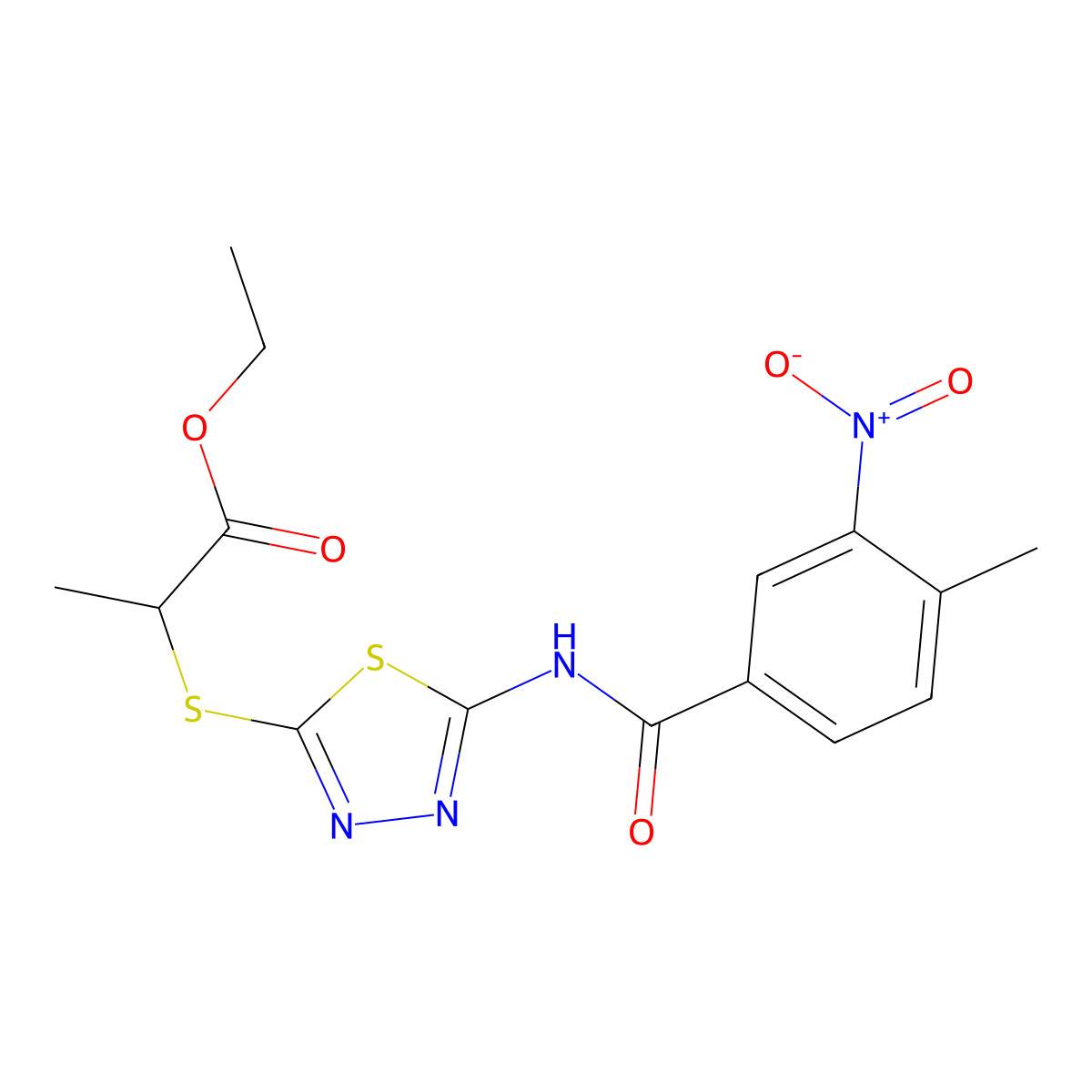 Ethyl 2-((5-(4-methyl-3-nitrobenzamido)-1,3,4-thiadiazol-2-yl)thio)propanoate molecular structure, CAS 391874-97-8