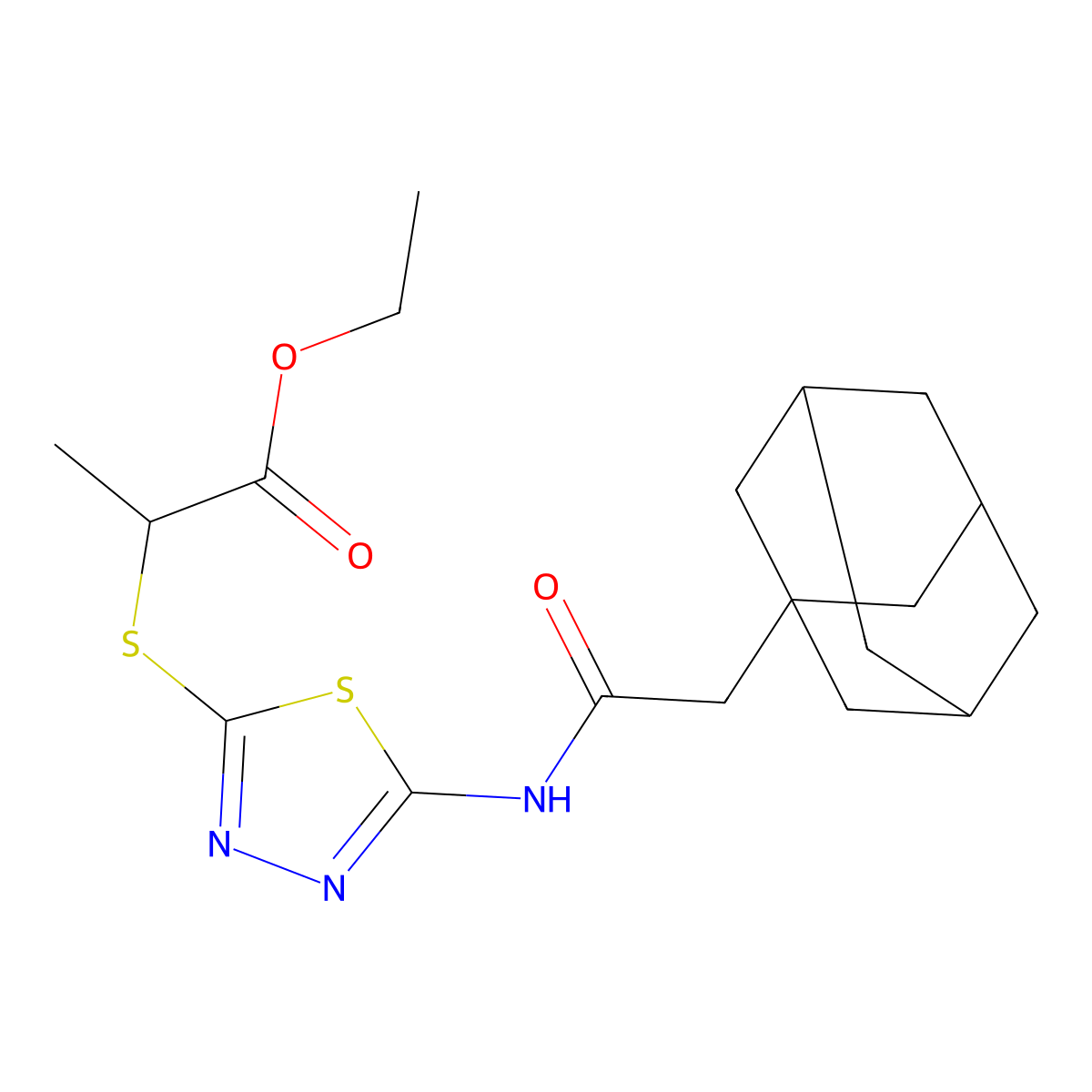 Ethyl 2-[[5-[[2-(1-adamantyl)acetyl]amino]-1,3,4-thiadiazol-2-yl]sulfanyl]propanoate molecular structure, CAS 391875-00-6