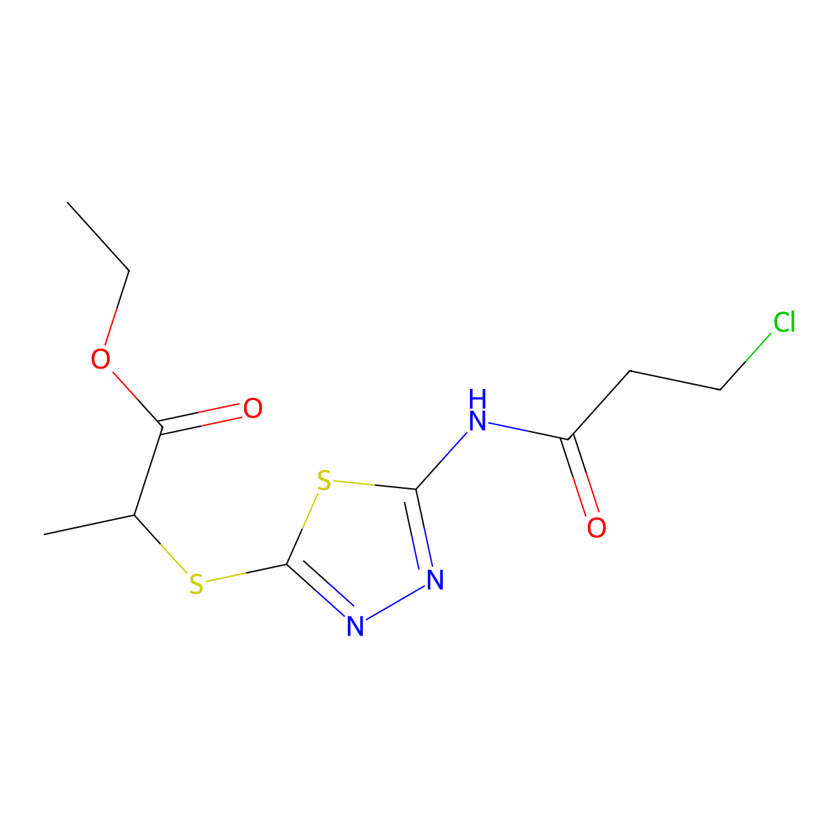 Ethyl 2-((5-(3-chloropropanamido)-1,3,4-thiadiazol-2-yl)thio)propanoate molecular structure, CAS 391875-01-7
