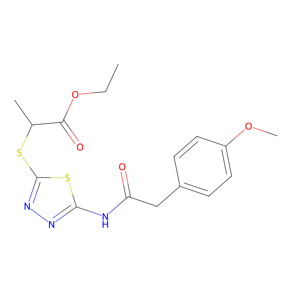 Ethyl 2-((5-(2-(4-methoxyphenyl)acetamido)-1,3,4-thiadiazol-2-yl)thio)propanoate molecular structure, CAS 391875-02-8
