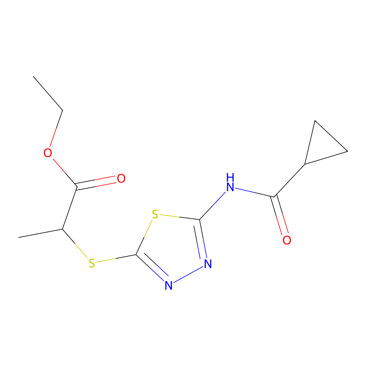 Ethyl 2-((5-(cyclopropanecarboxamido)-1,3,4-thiadiazol-2-yl)thio)propanoate molecular structure, CAS 391875-03-9