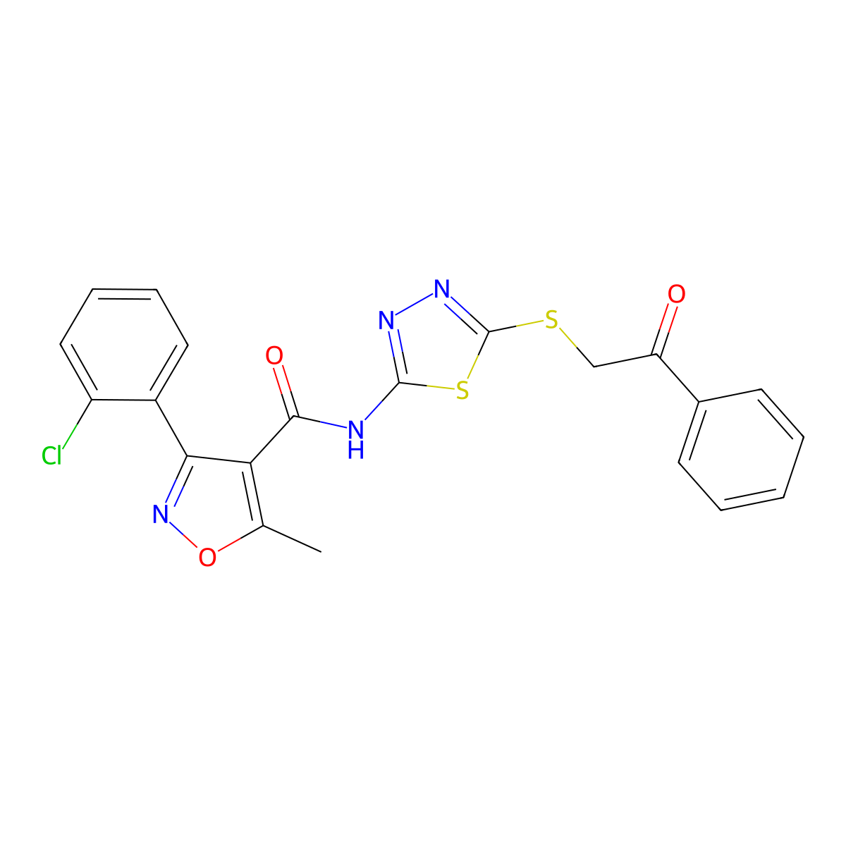3-(2-chlorophenyl)-5-methyl-N-(5-phenacylsulfanyl-1,3,4-thiadiazol-2-yl)-1,2-oxazole-4-carboxamide molecular structure, CAS 391875-06-2