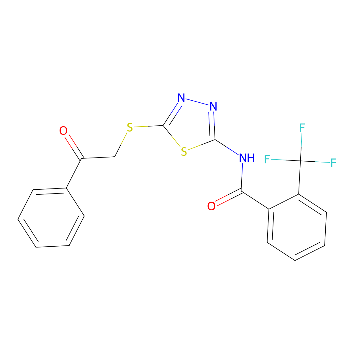 N-(5-phenacylsulfanyl-1,3,4-thiadiazol-2-yl)-2-(trifluoromethyl)benzamide molecular structure, CAS 391875-12-0