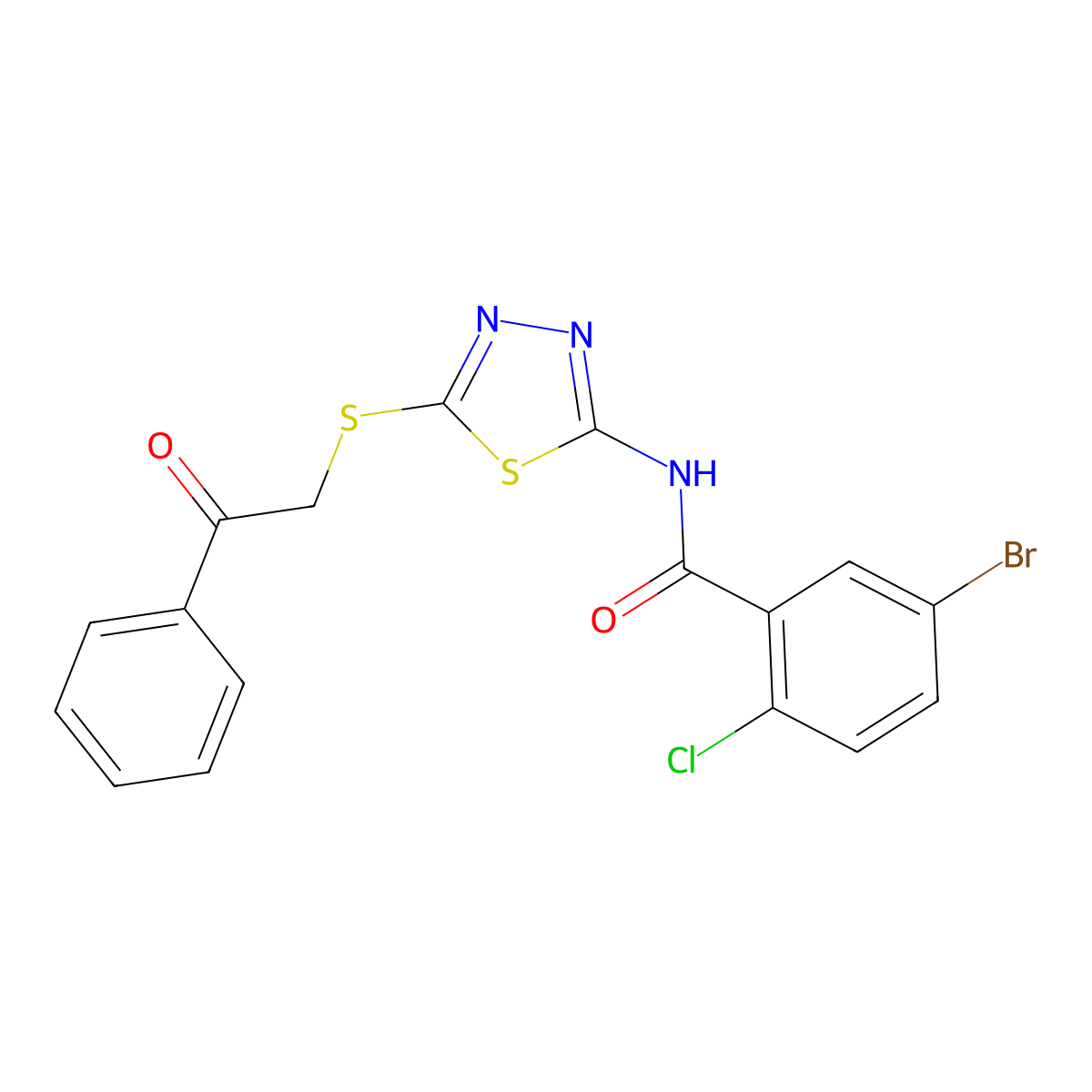5-bromo-2-chloro-N-(5-phenacylsulfanyl-1,3,4-thiadiazol-2-yl)benzamide molecular structure, CAS 391875-13-1