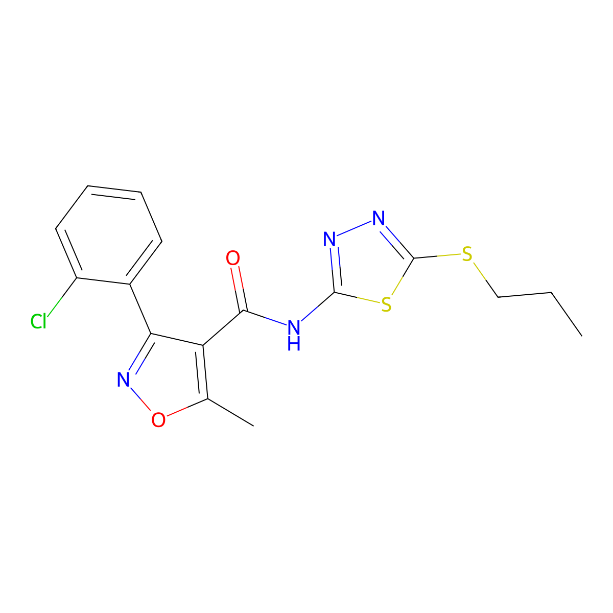3-(2-chlorophenyl)-5-methyl-N-(5-(propylthio)-1,3,4-thiadiazol-2-yl)isoxazole-4-carboxamide molecular structure, CAS 391875-20-0
