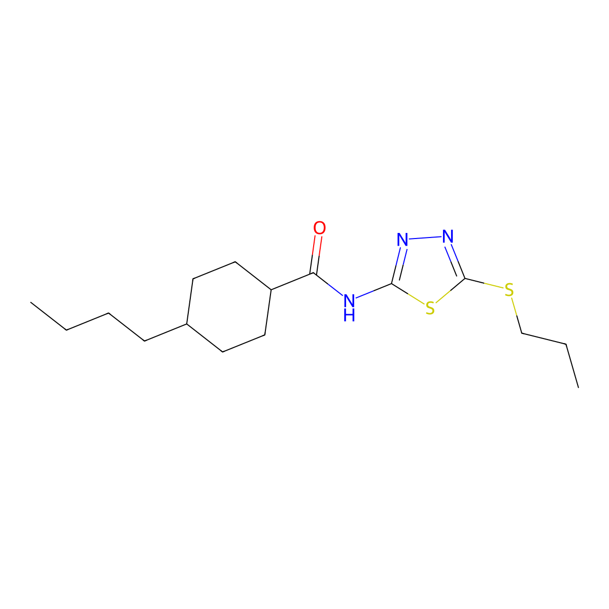 4-butyl-N-(5-(propylthio)-1,3,4-thiadiazol-2-yl)cyclohexanecarboxamide molecular structure, CAS 391875-35-7