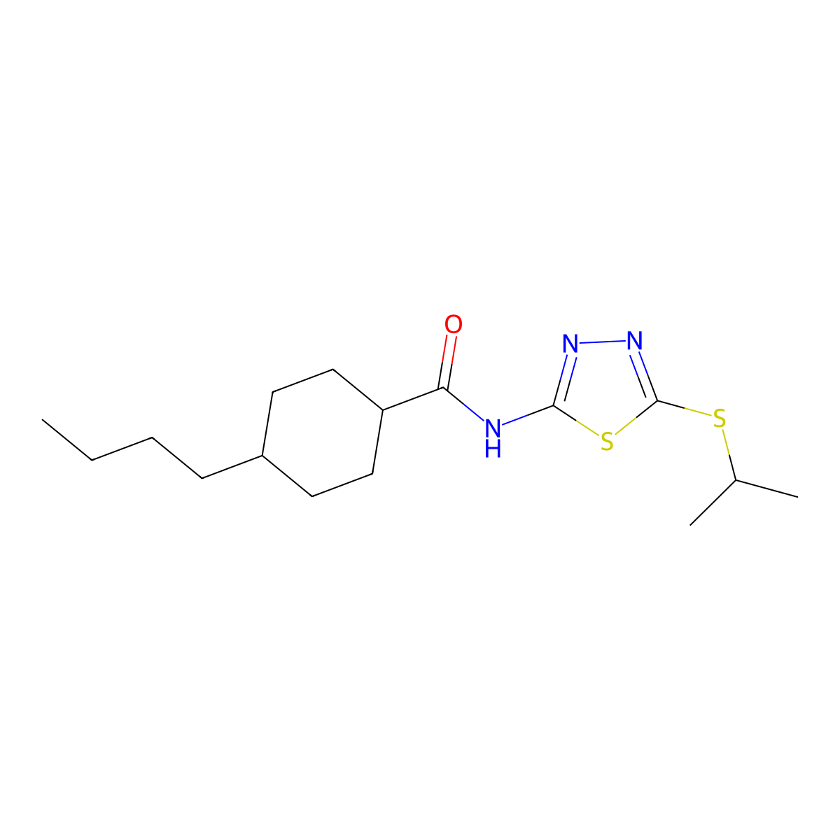 4-butyl-N-(5-(isopropylthio)-1,3,4-thiadiazol-2-yl)cyclohexanecarboxamide molecular structure, CAS 391875-69-7
