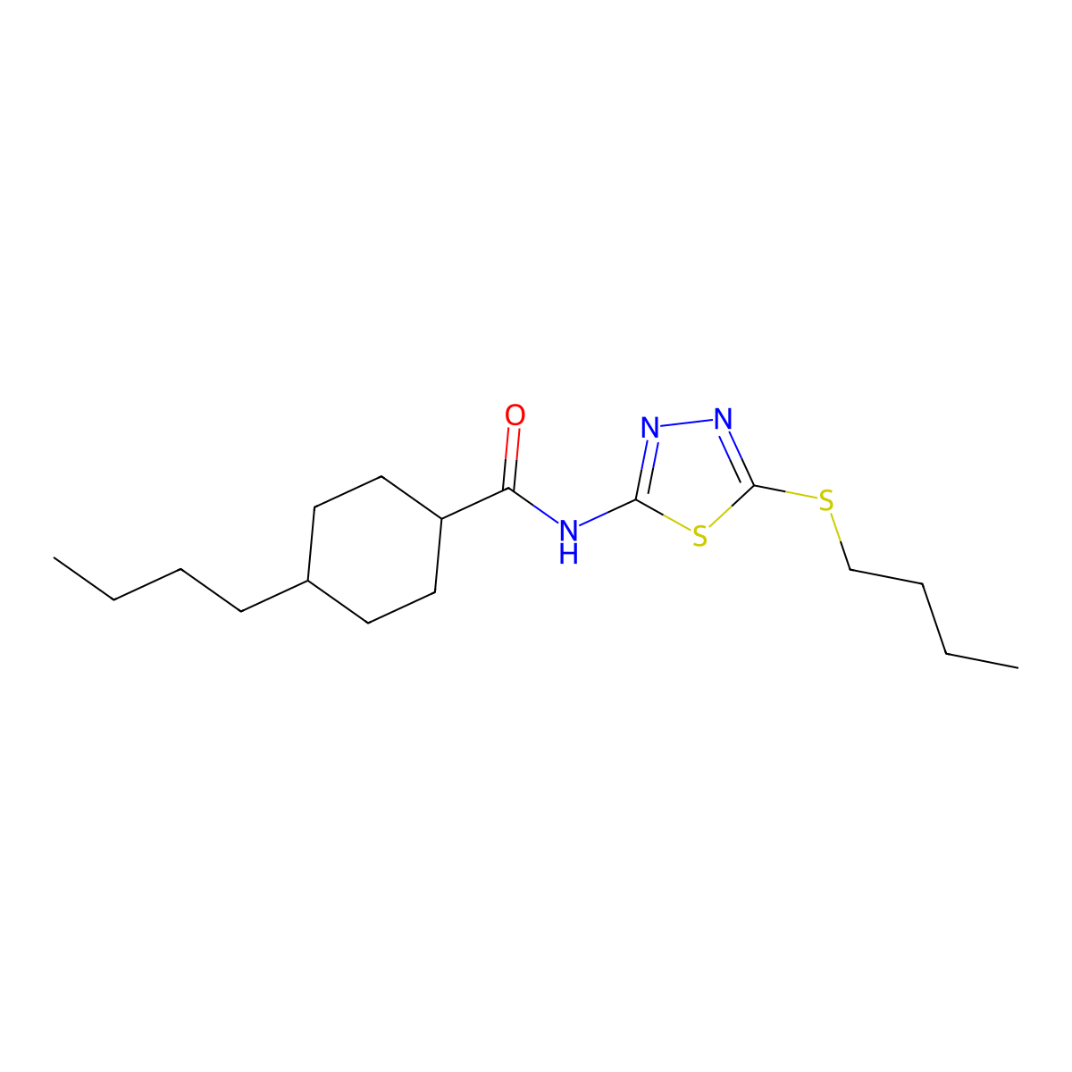 4-butyl-N-(5-(butylthio)-1,3,4-thiadiazol-2-yl)cyclohexanecarboxamide molecular structure, CAS 391875-99-3