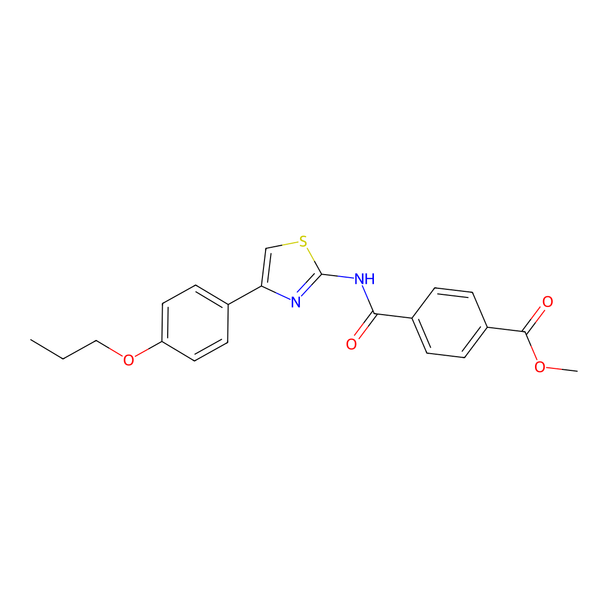 Methyl 4-((4-(4-propoxyphenyl)thiazol-2-yl)carbamoyl)benzoate molecular structure, CAS 391876-96-3
