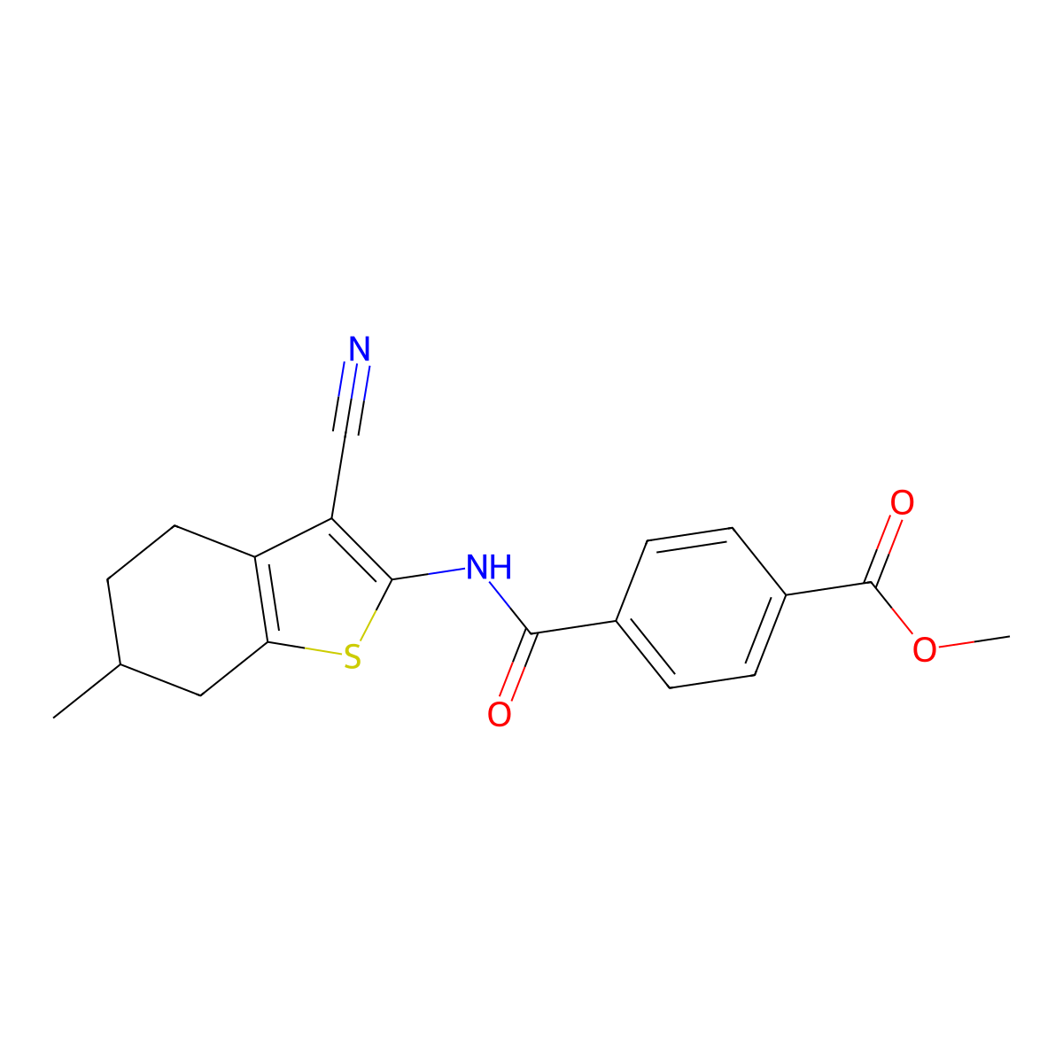 Methyl 4-[(3-cyano-6-methyl-4,5,6,7-tetrahydro-1-benzothiophen-2-yl)carbamoyl]benzoate molecular structure, CAS 391877-01-3