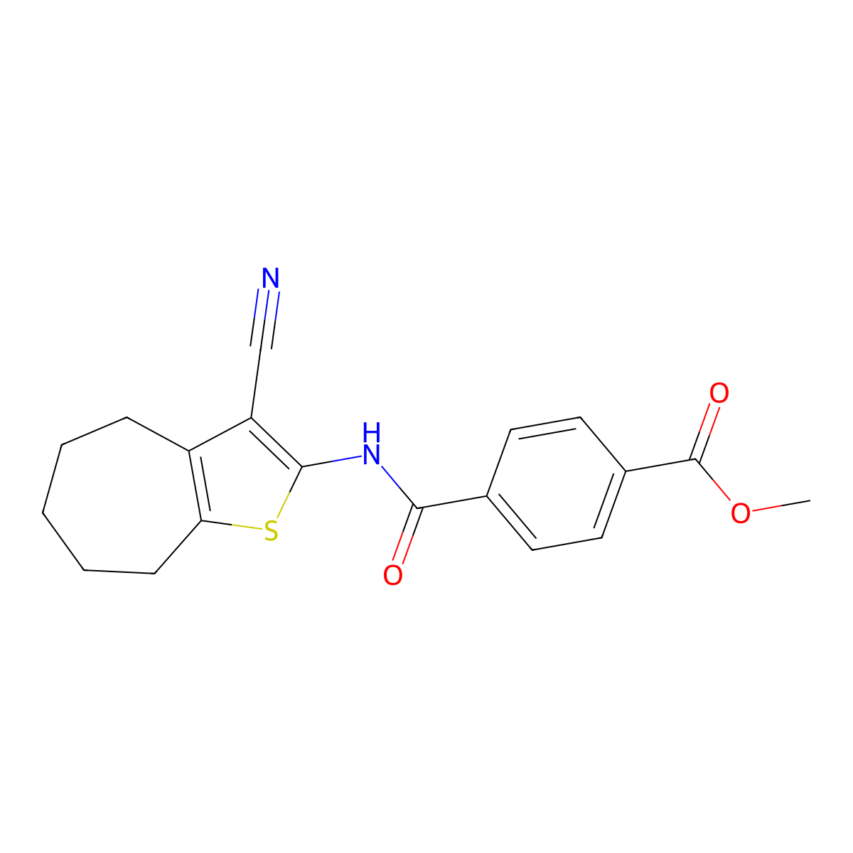 methyl 4-((3-cyano-5,6,7,8-tetrahydro-4H-cyclohepta[b]thiophen-2-yl)carbamoyl)benzoate molecular structure, CAS 391877-04-6
