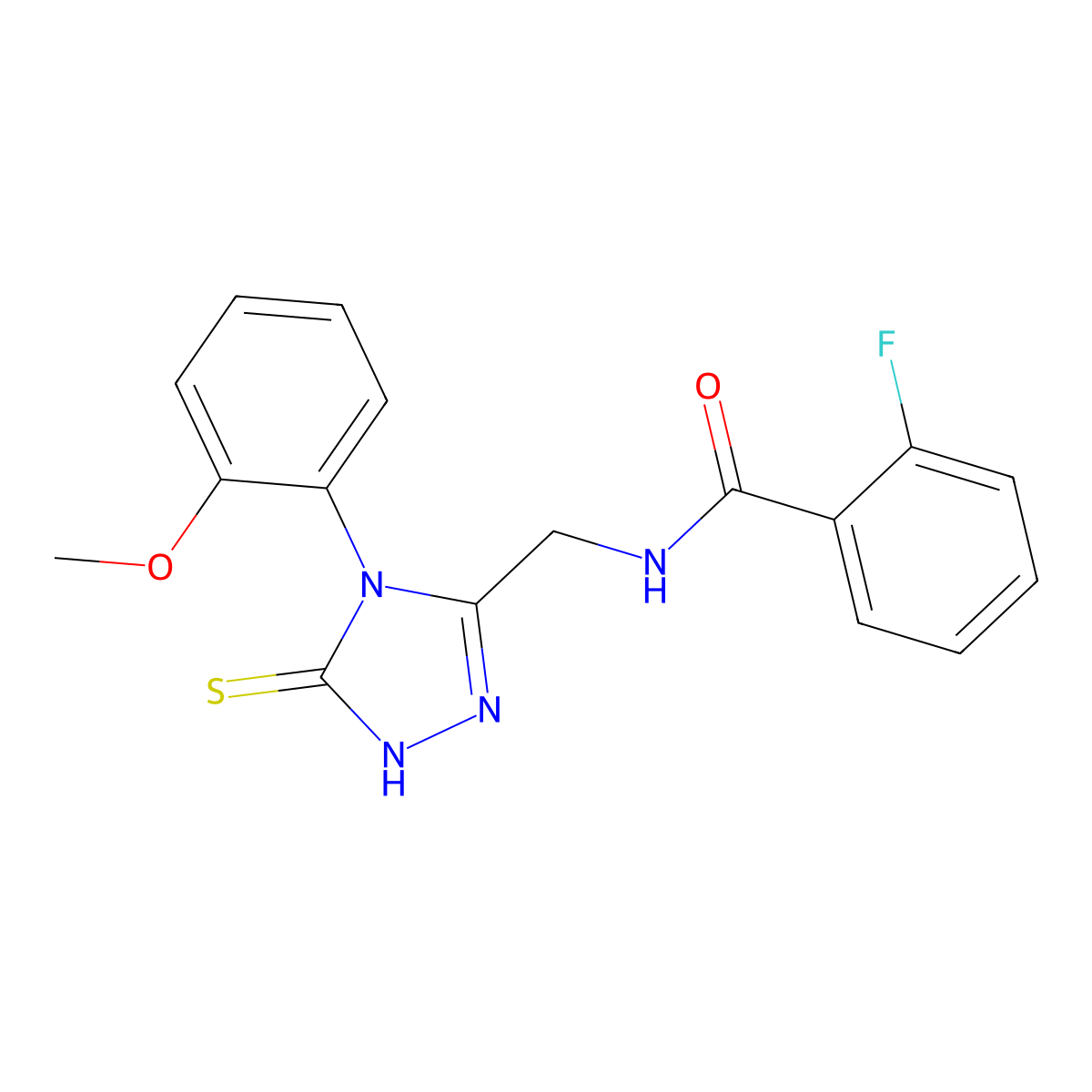 2-fluoro-N-((4-(2-methoxyphenyl)-5-thioxo-4,5-dihydro-1H-1,2,4-triazol-3-yl)methyl)benzamide molecular structure, CAS 391886-35-4