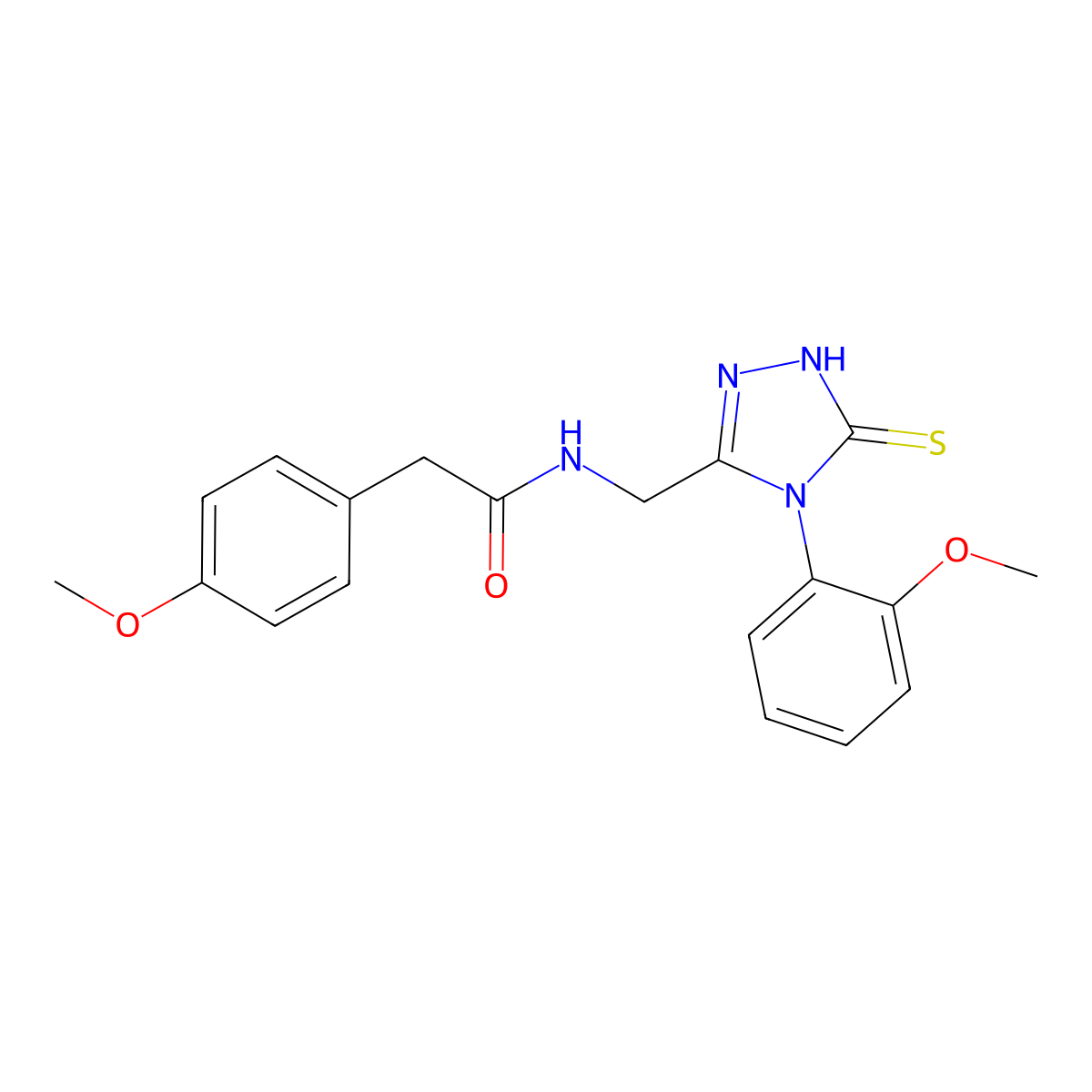 2-(4-methoxyphenyl)-N-[[4-(2-methoxyphenyl)-5-sulfanylidene-1H-1,2,4-triazol-3-yl]methyl]acetamide molecular structure, CAS 391888-23-6
